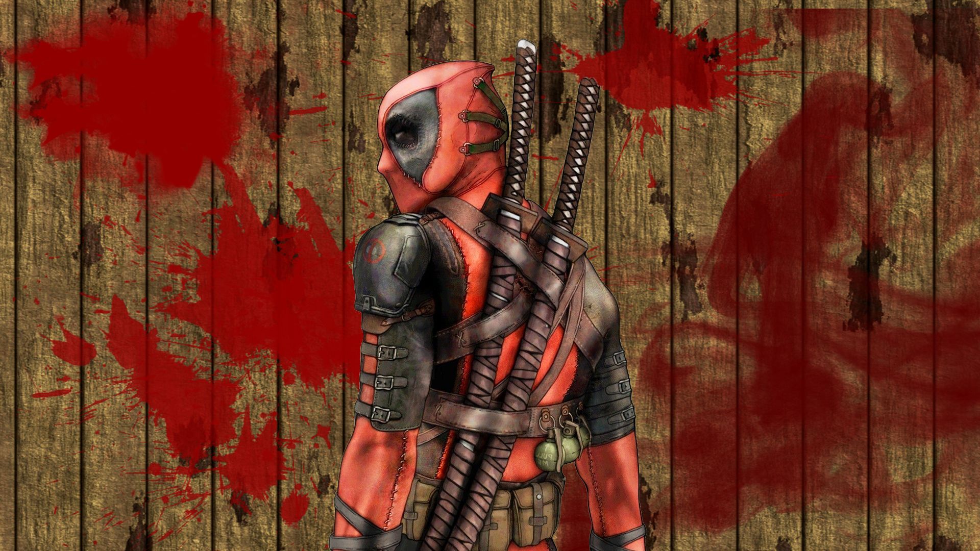 Deadpool, Blutflecken, Holzwand, Katanas, Marvel, 1920x1080, Full-HD-Hintergrundbild für PC
