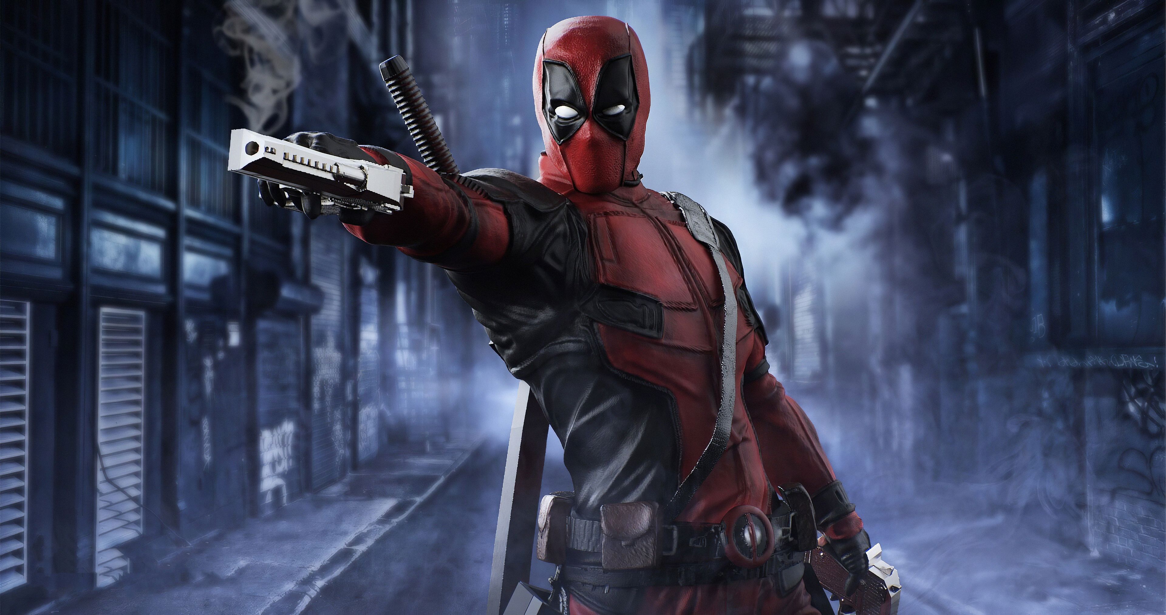 Deadpool, Pistole, Gasse, Nacht, Nebel, Action, 4K, Hintergrund für den Desktop