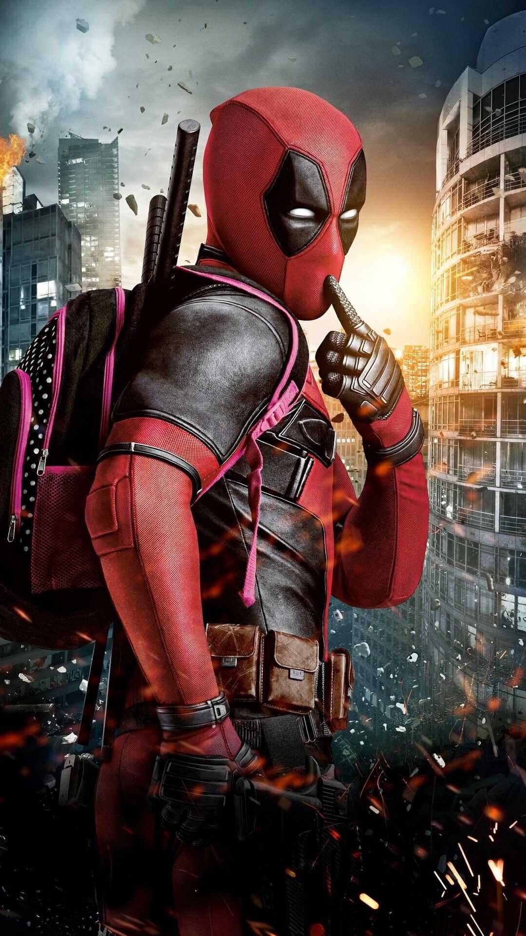 Deadpool, Stadt, Katanas, Feuer, Superheld, Hintergrundbild für iPhone und Android