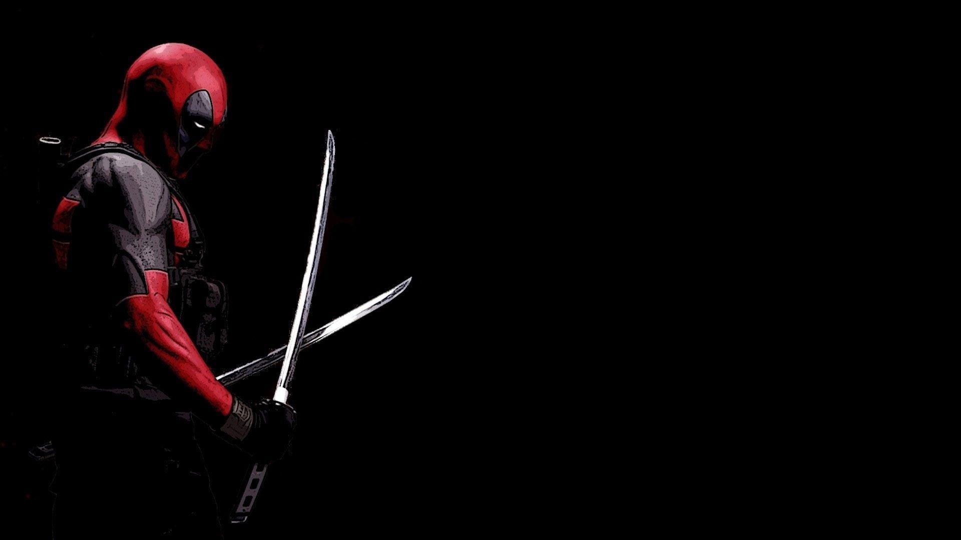 Deadpool, Katanas, Schwarzer Hintergrund, Dunkel, Minimalismus, Full HD Wallpaper