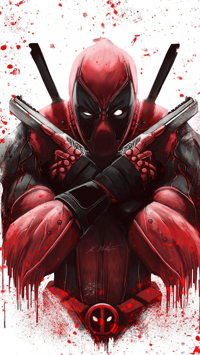 Deadpool, Pistolen, Blutspritzer, Weißer Hintergrund, Grafik, Sperrbildschirm fürs iPhone