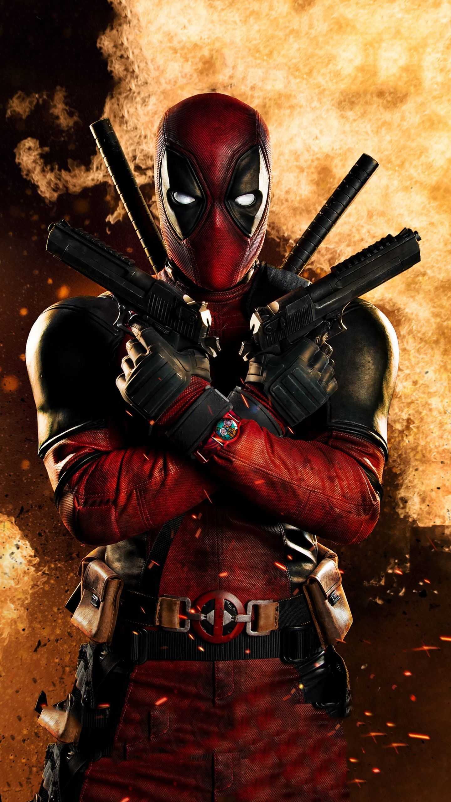 Deadpool, Pistolen, Feuer, Verschränkte Arme, Digitale Kunst, Hintergrundbild fürs Handy