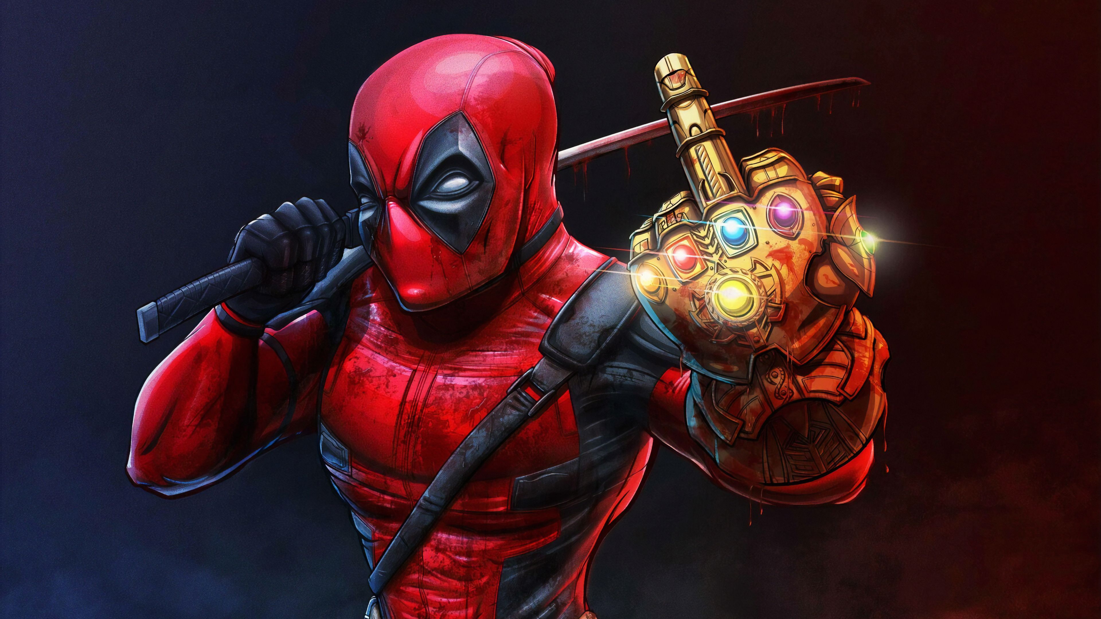 Deadpool, Infinity-Handschuh, Infinity-Steine, Mittelfinger, Humor, 4K, Laptop-Hintergrundbild