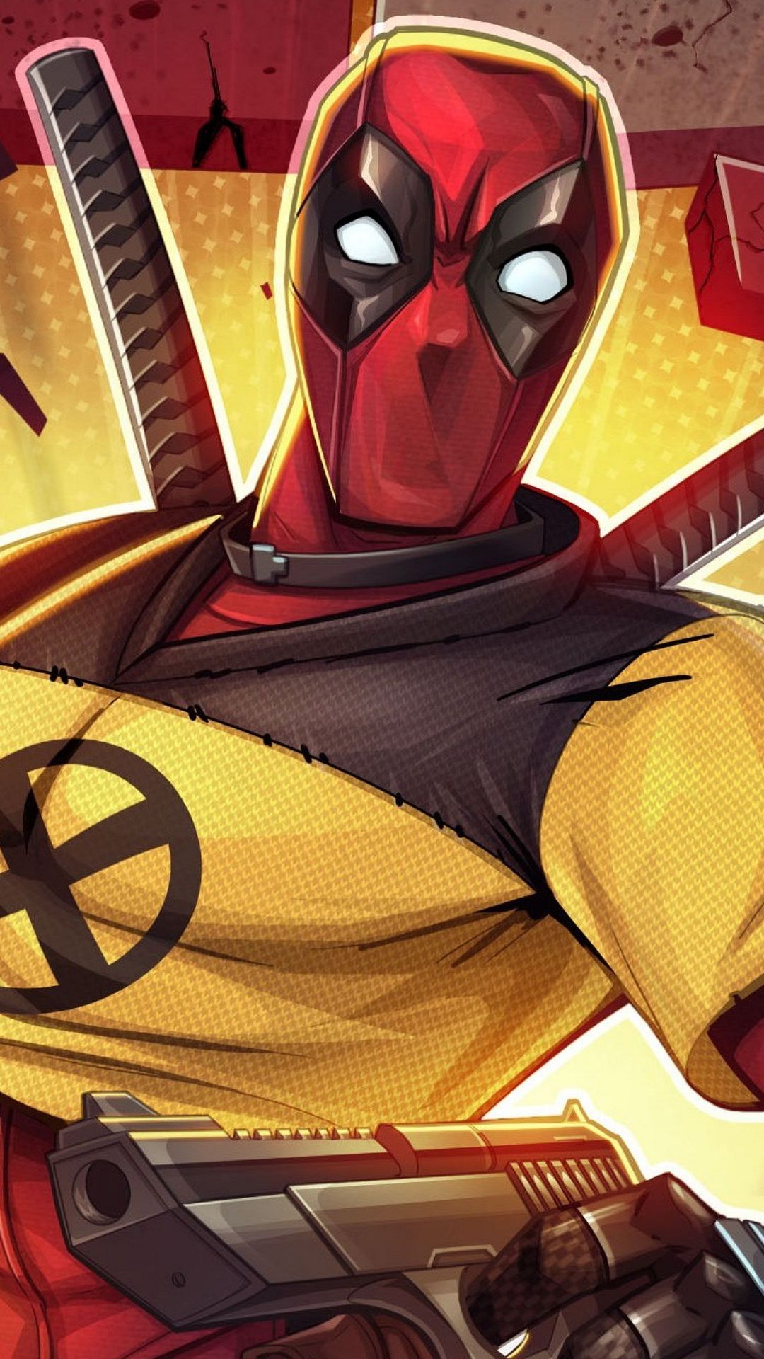 Deadpool, X-Men, X-Men-Uniform, Comic-Stil, Gelb, Full HD, Hintergrundbild fürs Handy