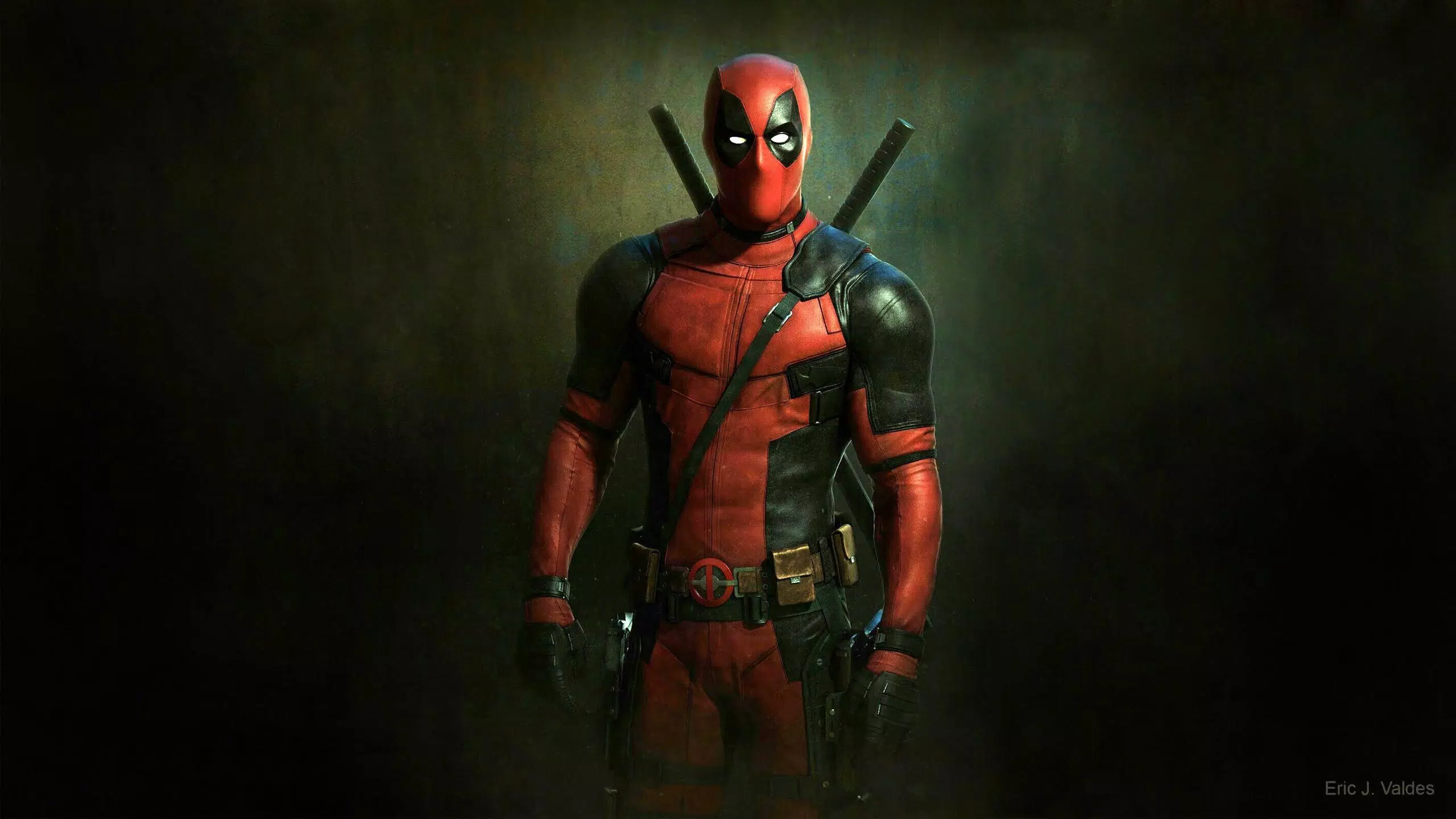 Deadpool, Katanas, Dunkler Hintergrund, Kostüm, Ganzkörper, 2K Wallpaper