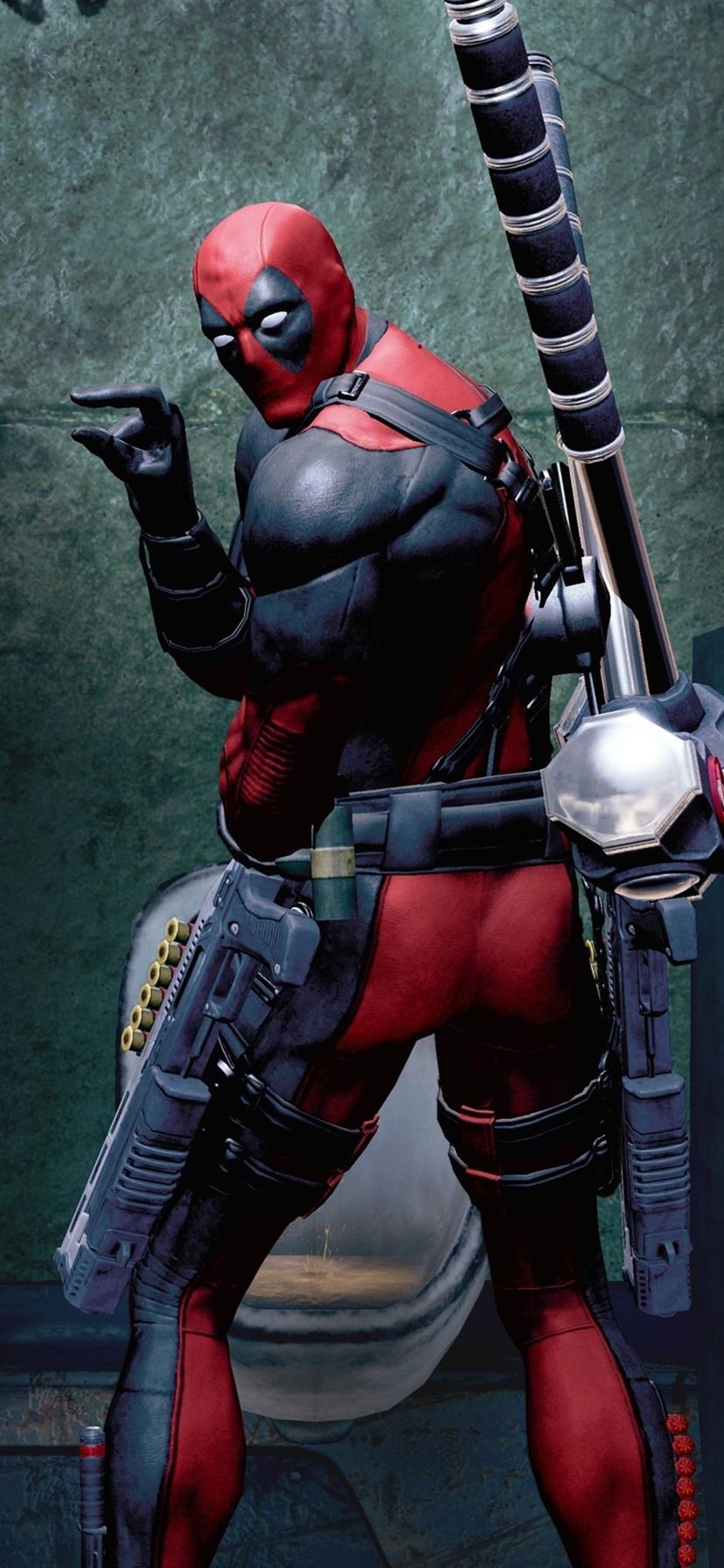 Deadpool, Toilette, Humor, Katanas, Pistole, Hochformat, Hintergrundbild fürs Smartphone
