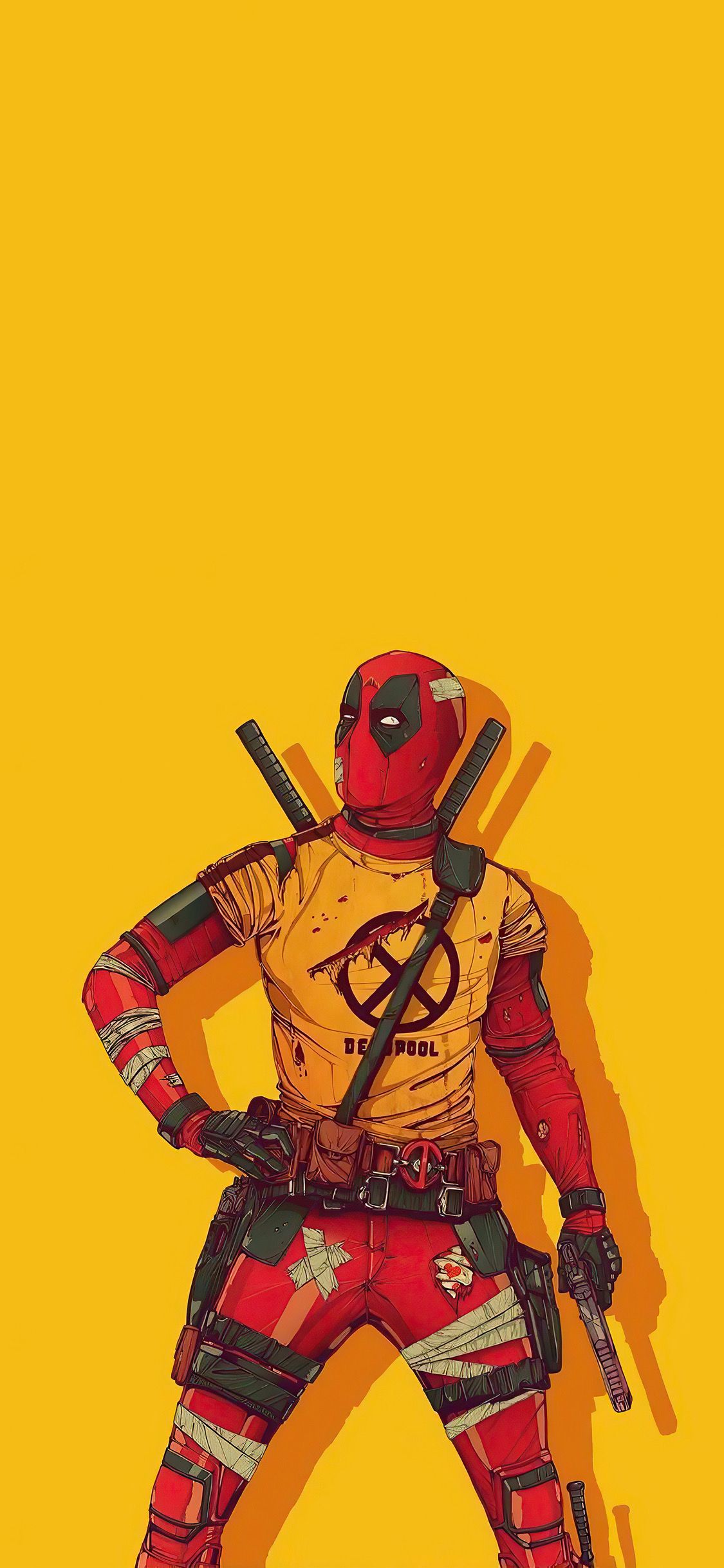 Deadpool, X-Men-Uniform, Gelber Hintergrund, Marvel, Full HD, Sperrbildschirm fürs iPhone
