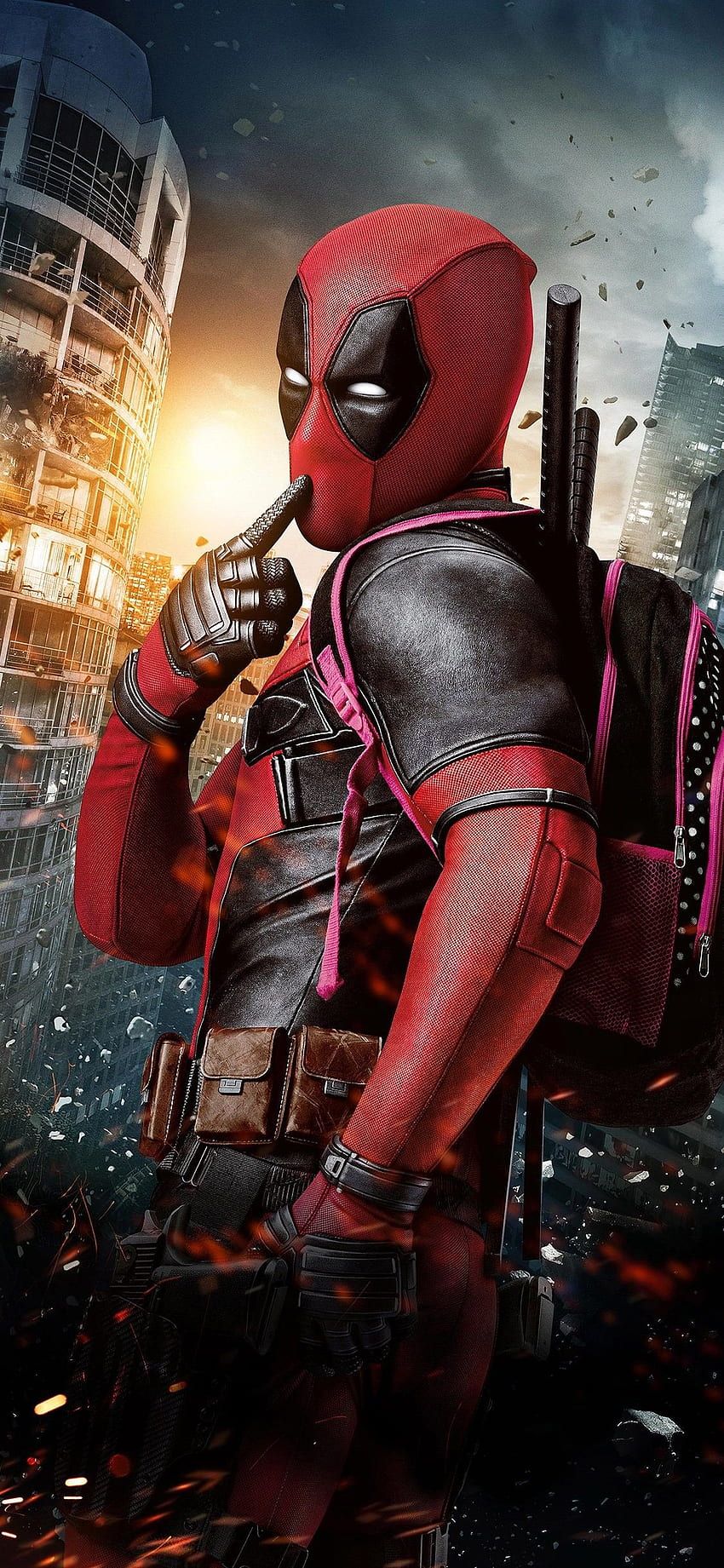 Deadpool, Stadt, Feuer, Katanas, Nachdenklich, Hochformat, Hintergrundbild fürs Smartphone