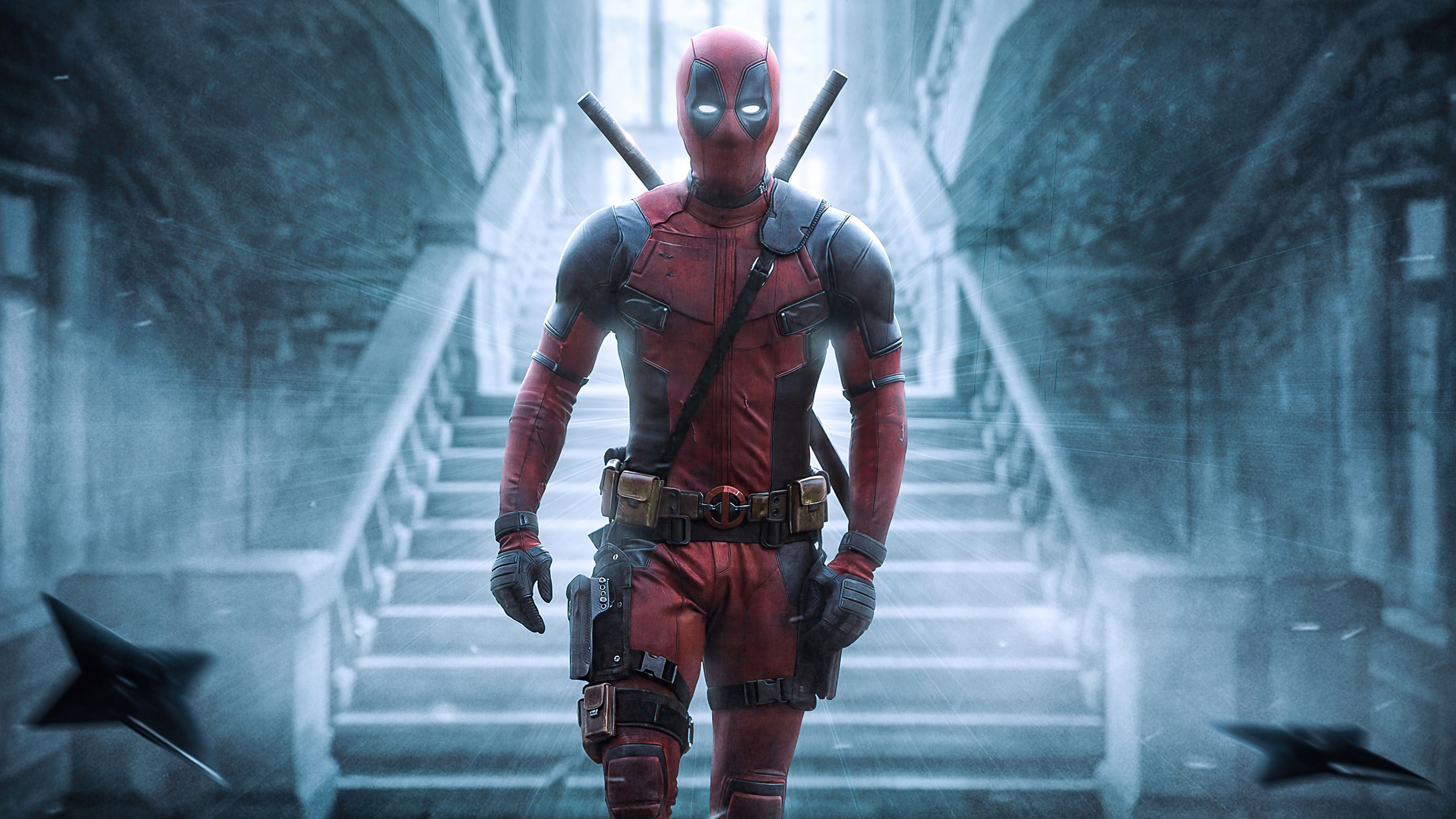 Deadpool, Treppe, Wurfsterne, Ryan Reynolds, Kühle Farben, 5K, Breitbild-Hintergrundbild