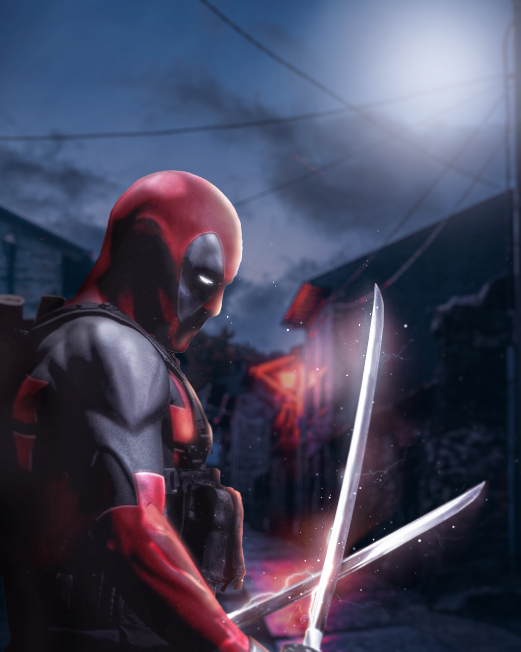 Deadpool, Katanas, Nacht, Abendhimmel, Superheld, QHD+, iPad-Hintergrundbild