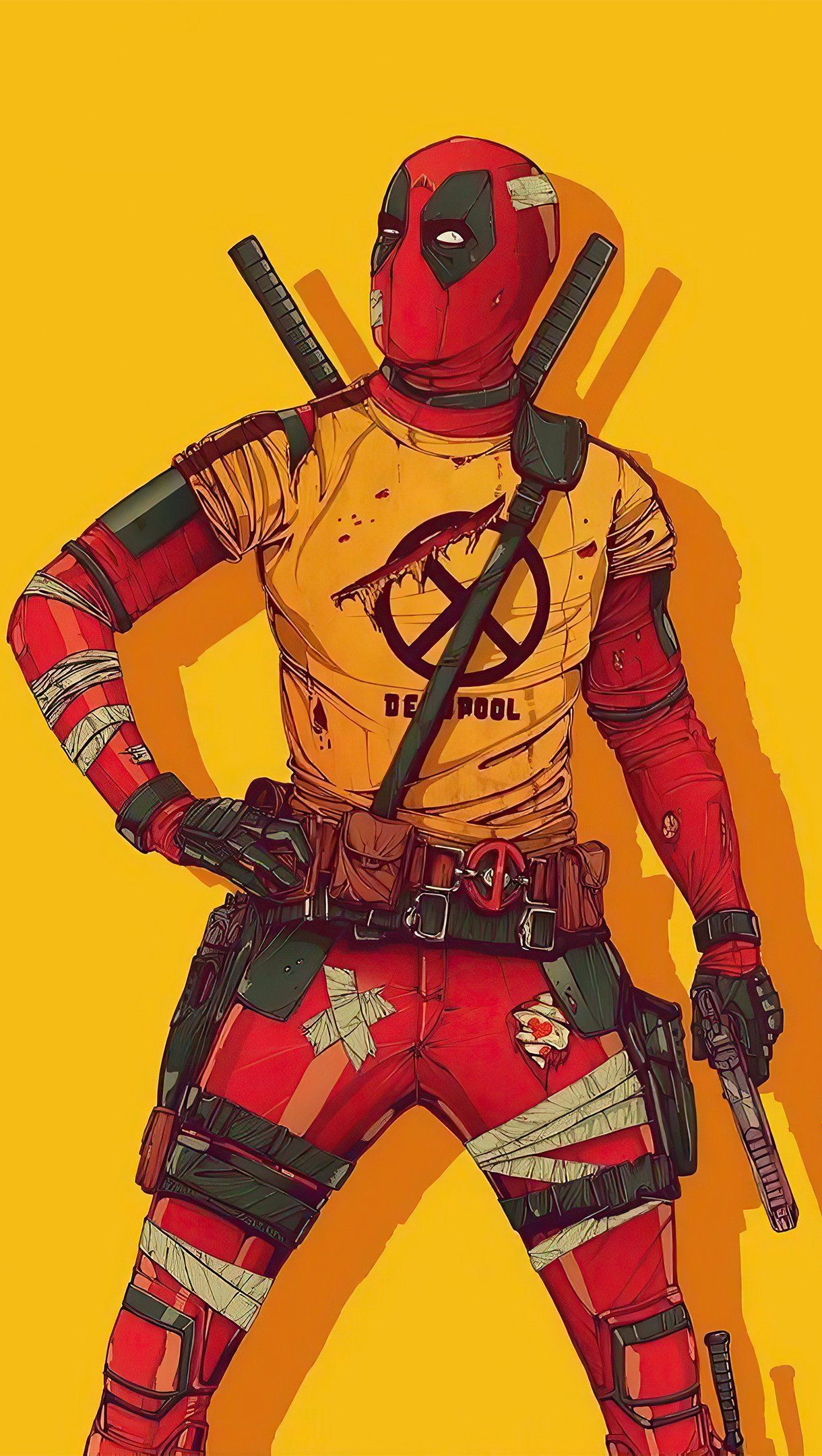 Deadpool, X-Men-Uniform, Gelber Hintergrund, Comic-Stil, Sperrbildschirm fürs iPhone