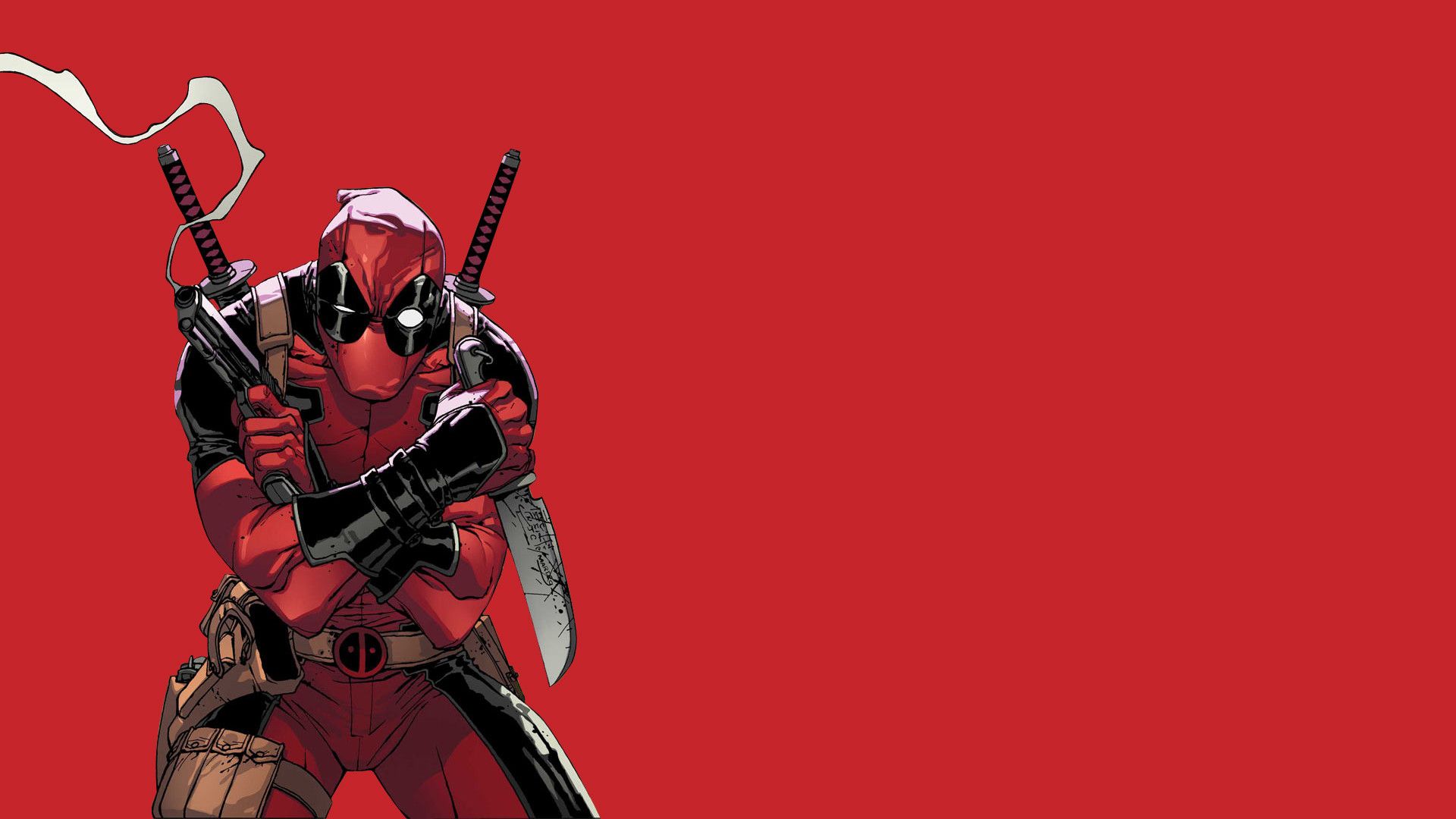 Deadpool, Roter Hintergrund, Comic-Stil, Waffen, Marvel Comics, Full HD Wallpaper