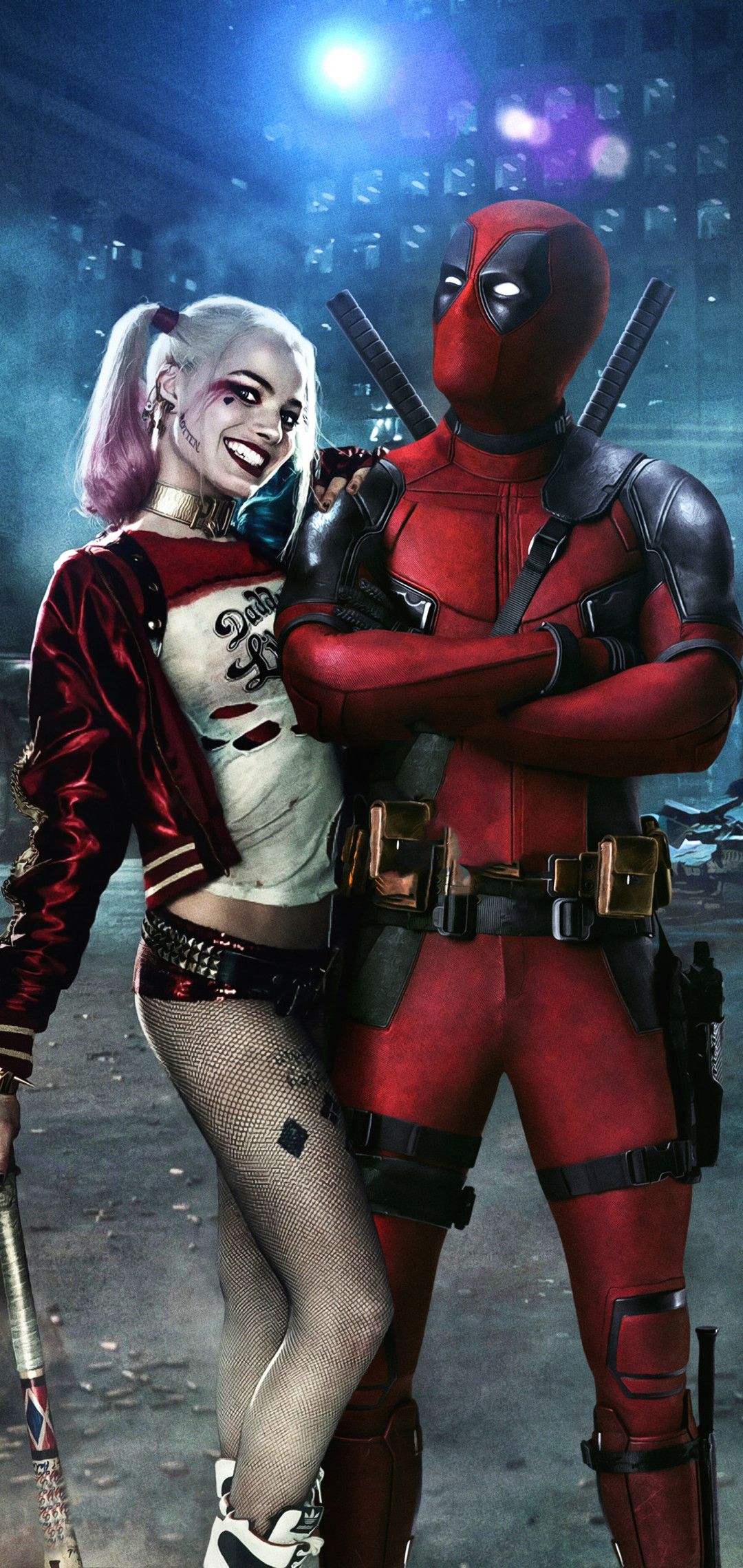 Deadpool, Harley Quinn, Crossover, Paar, Nacht, Full HD, Hintergrundbild fürs Handy