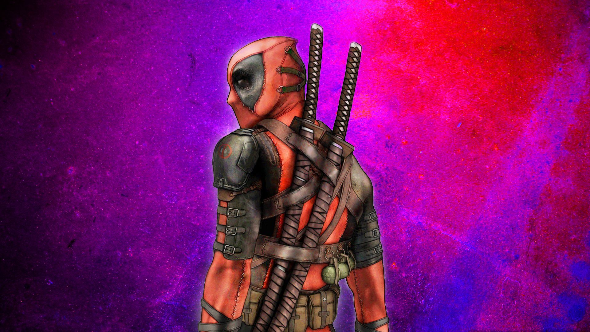 Deadpool, Katanas, Lila Hintergrund, Rückansicht, Digitale Kunst, Full HD Wallpaper