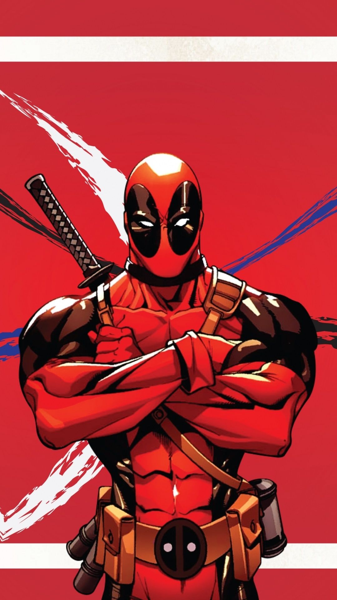 Deadpool, Verschränkte Arme, Comic-Stil, Rot-weiß, Katanas, Full HD, Handy-Hintergrund