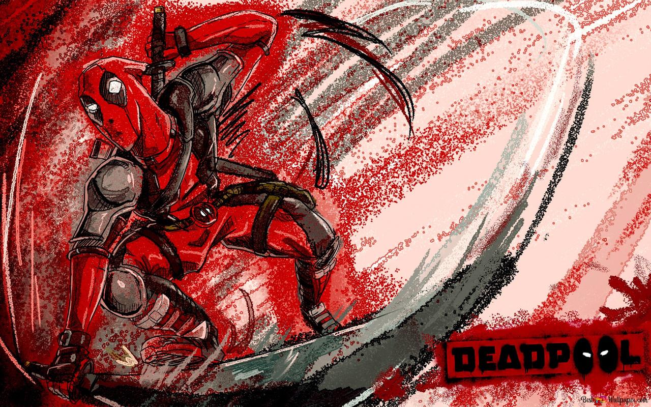 Deadpool, Schriftzug, Skizze, Katanas, Rot-weiß, HD, Hintergrundbild für den PC