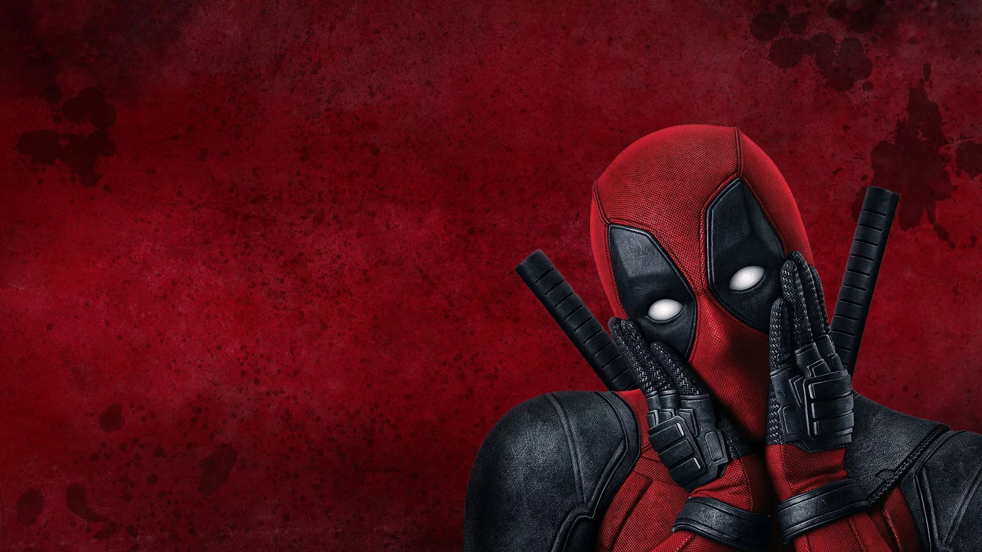 Deadpool, Roter Hintergrund, Hände im Gesicht, Katanas, Humor, Full HD Wallpaper