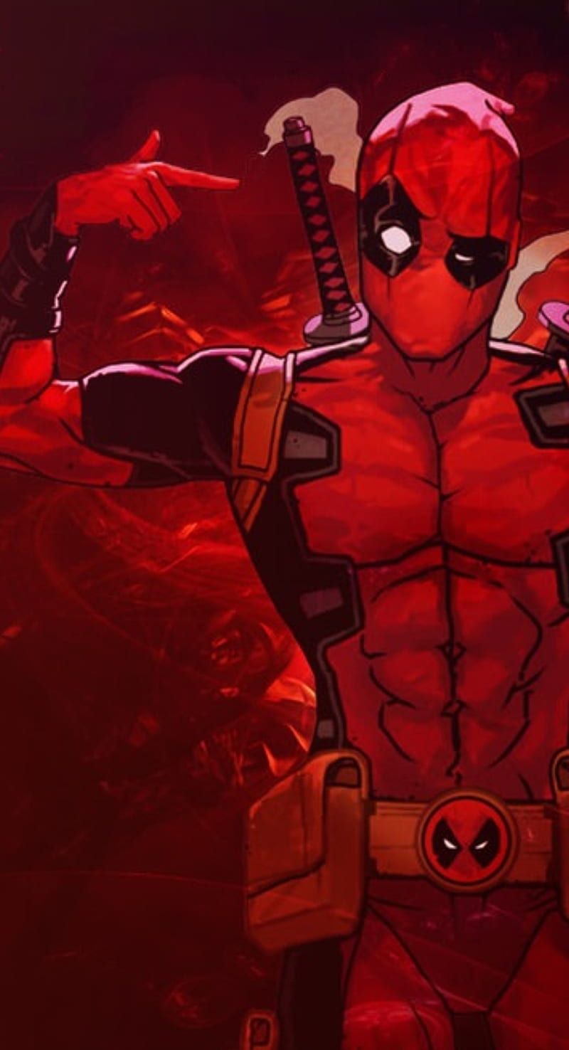 Deadpool, Roter Hintergrund, Muskeln, Comic-Stil, HD, Sperrbildschirm fürs iPhone