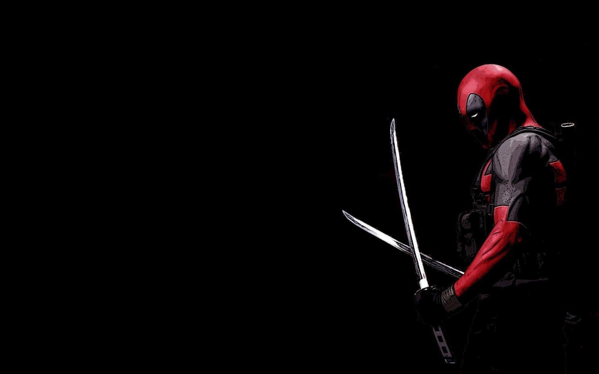 Deadpool, Katanas, Schwarzer Hintergrund, Dunkel, Minimalismus, Full HD Wallpaper