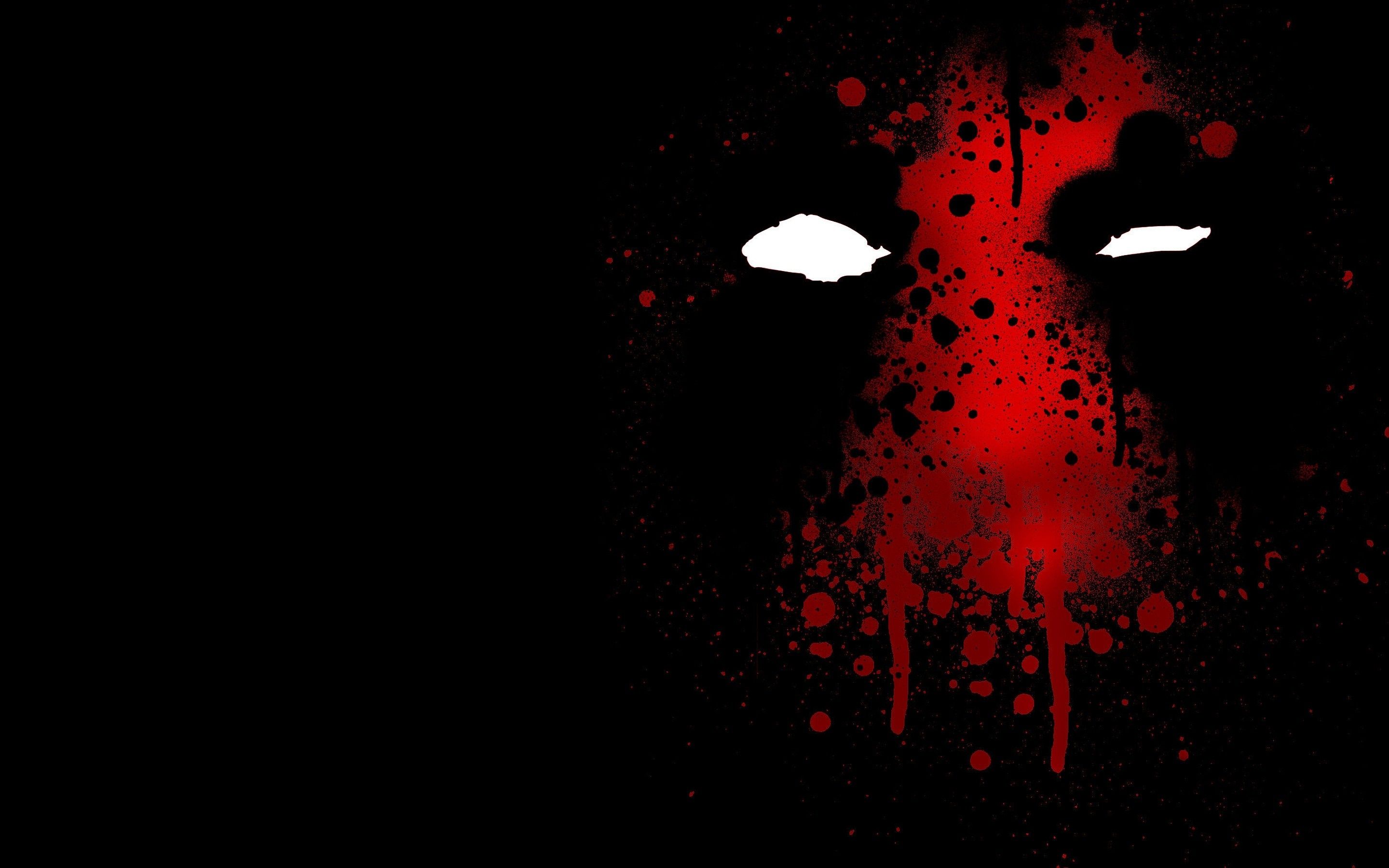Deadpool, Blutspritzer, Augen, Schwarzer Hintergrund, Minimalismus, 2K Wallpaper