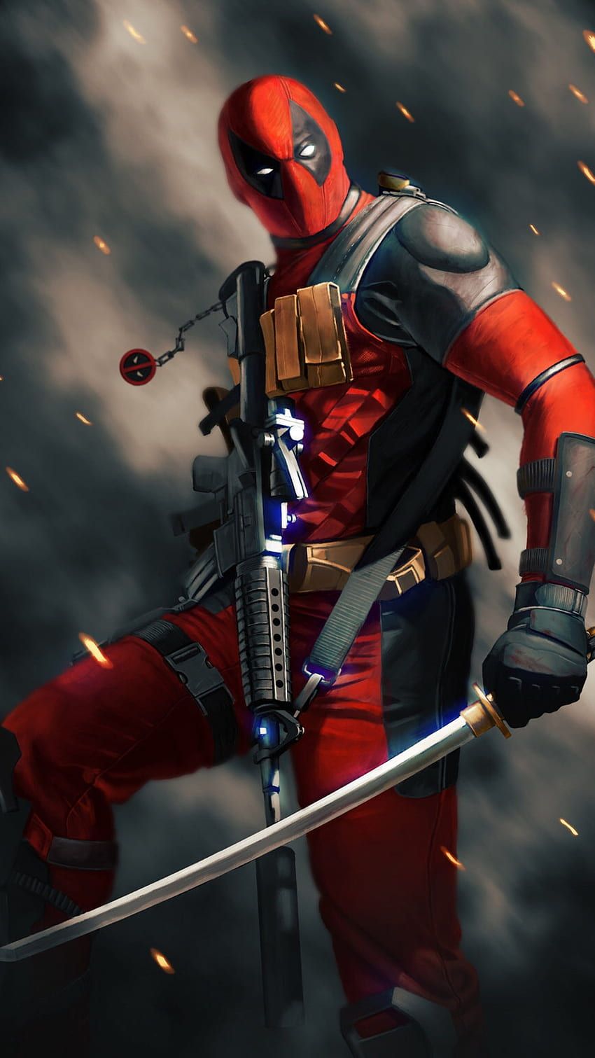 Deadpool, Katana, Funken, Rauch, Action, Hochformat, Hintergrundbild fürs Smartphone