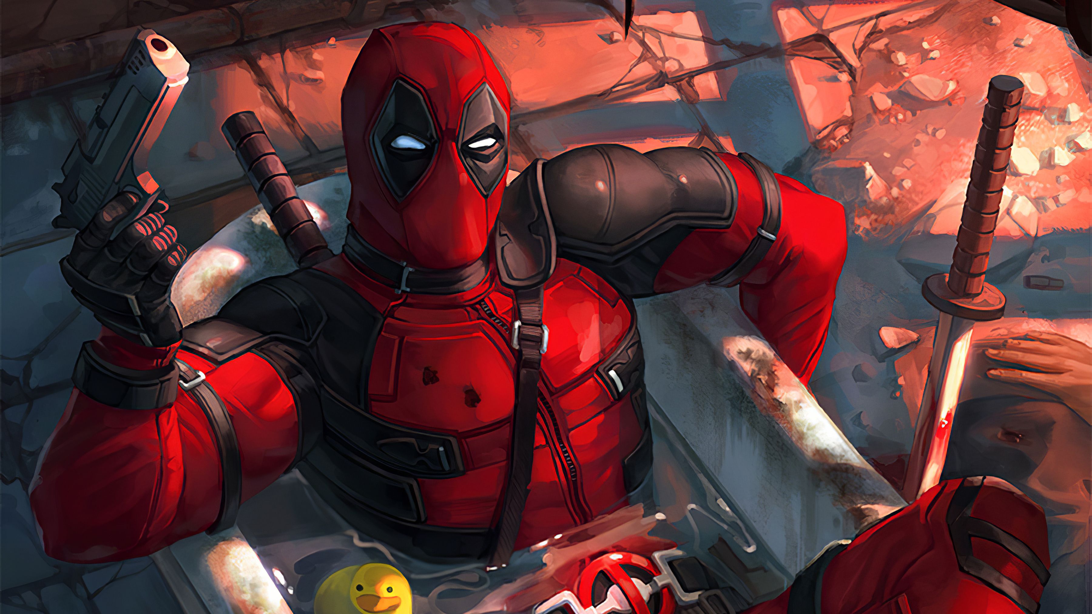 Deadpool, Pistolen, Katanas, Comic-Stil, Gemälde, 16:9, 2K-Hintergrundbild für den Desktop