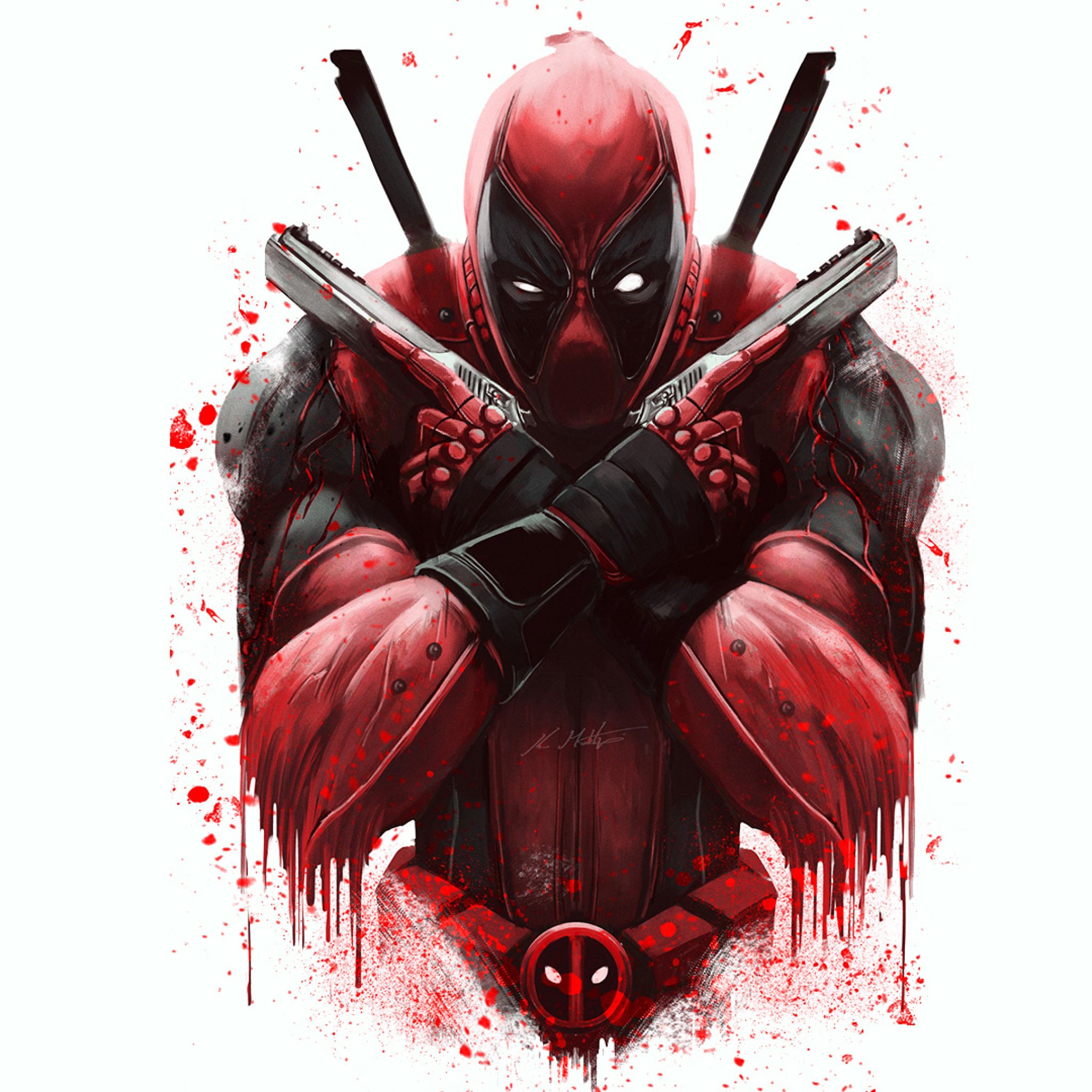 Deadpool, Pistolen, Blutspritzer, Weißer Hintergrund, Logo, Full HD Wallpaper