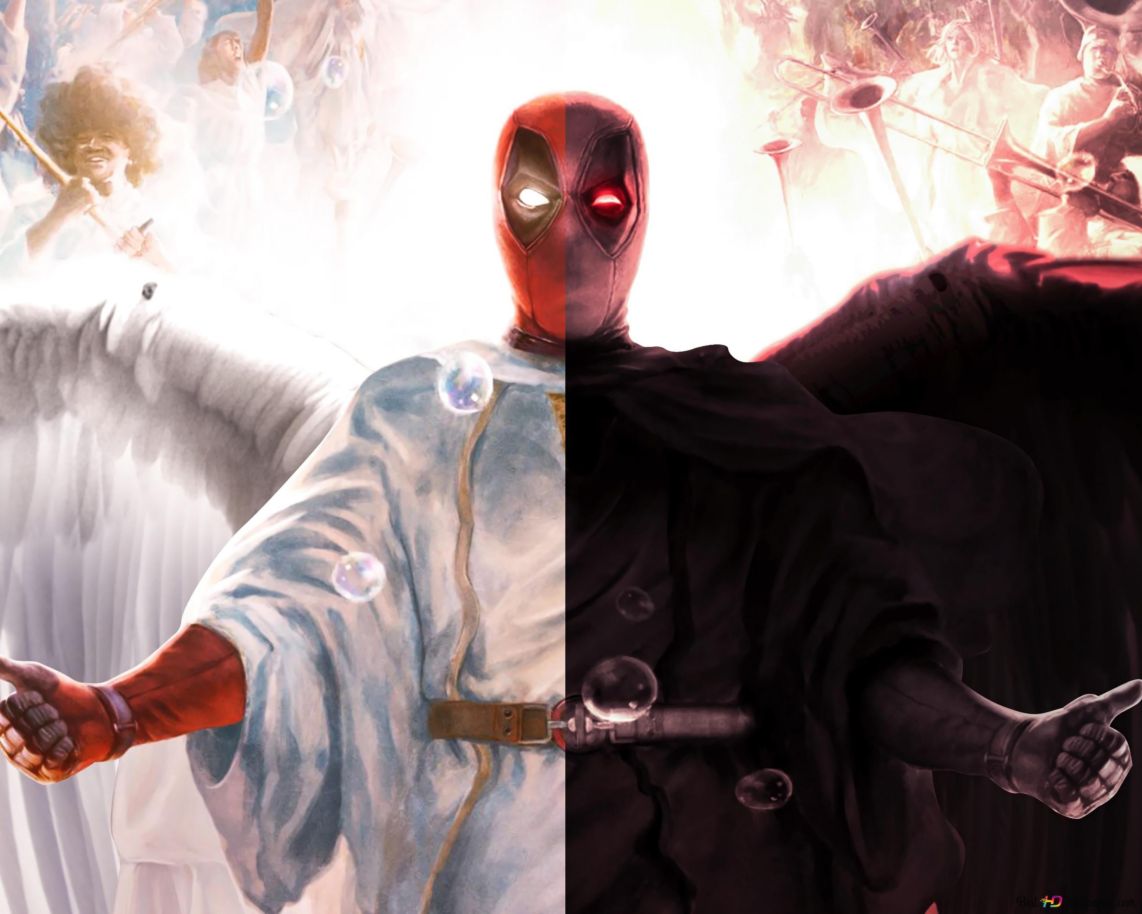 Deadpool, Engel und Teufel, Weiß-schwarz, Flügel, Digitale Kunst, 2K-Hintergrundbild für PC