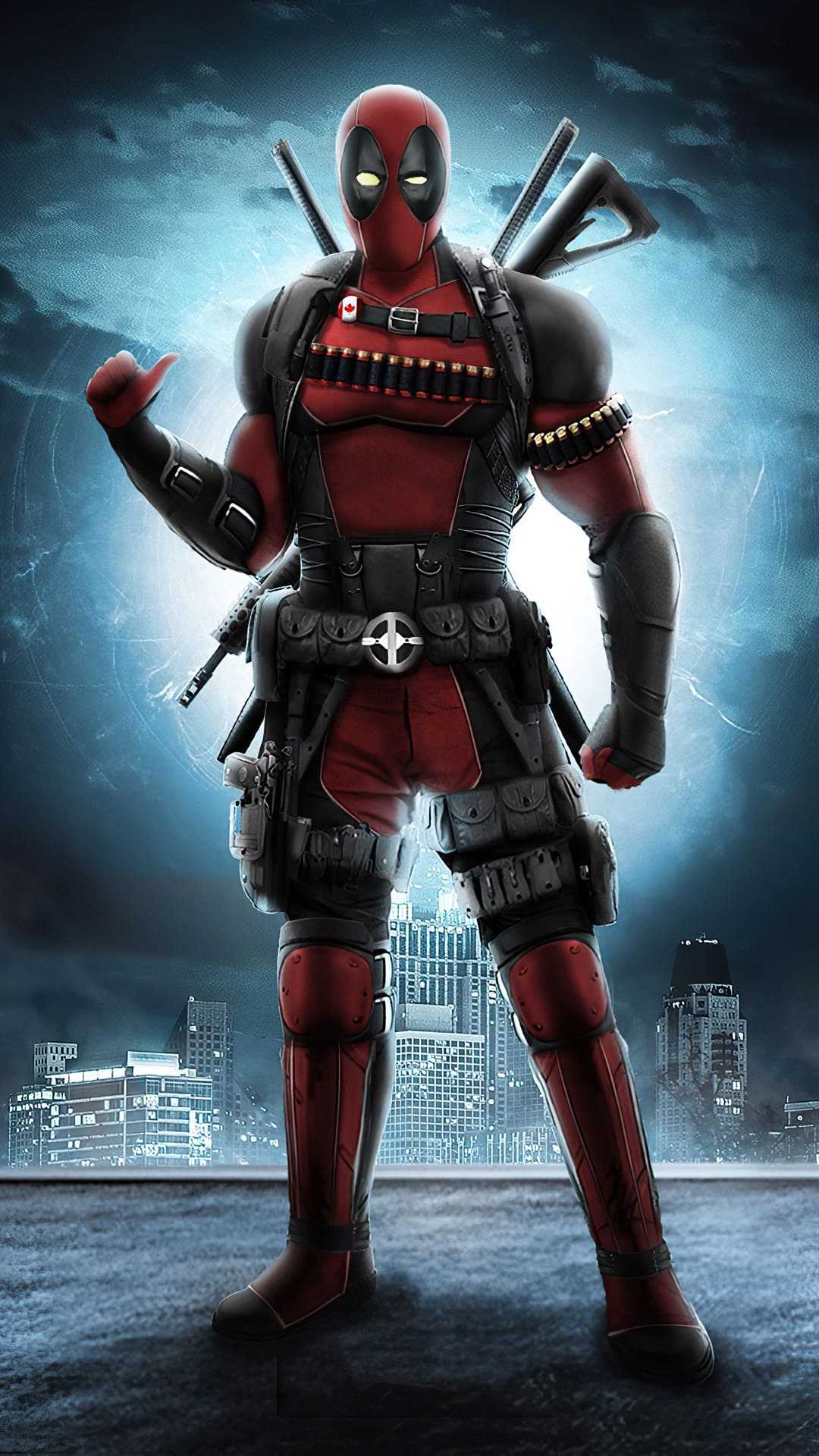 Deadpool, Ryan Reynolds, Stadt bei Nacht, Ganzkörper, Peace-Zeichen, 1080x1920, Handy-Hintergrund