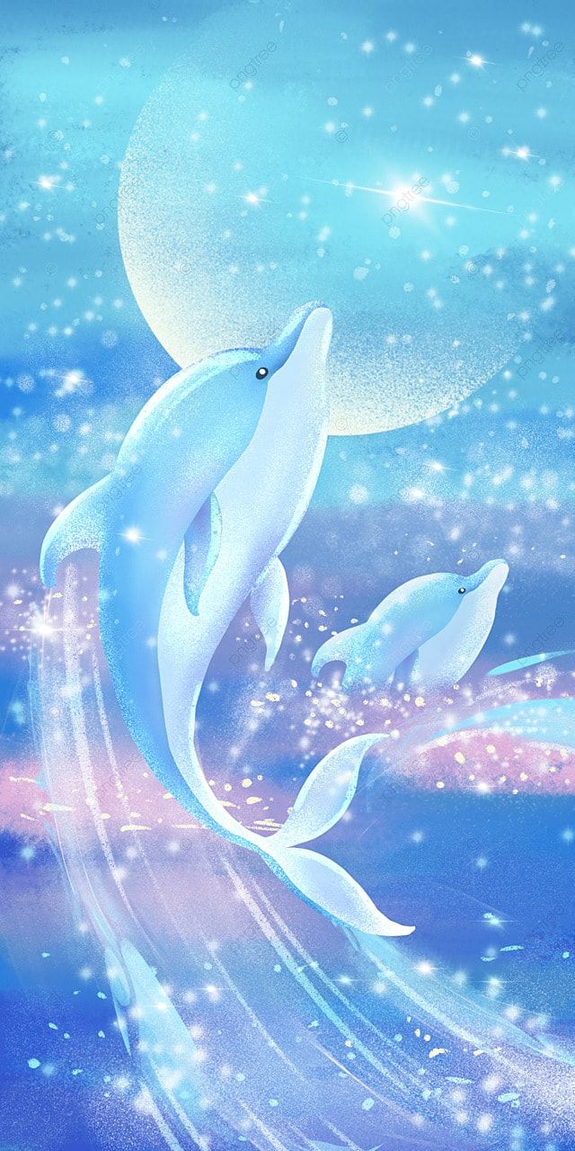 Delfine, Fantasy, Mond, Hellblau, Digitale Kunst, Hochformat, Hintergrundbild fürs Smartphone