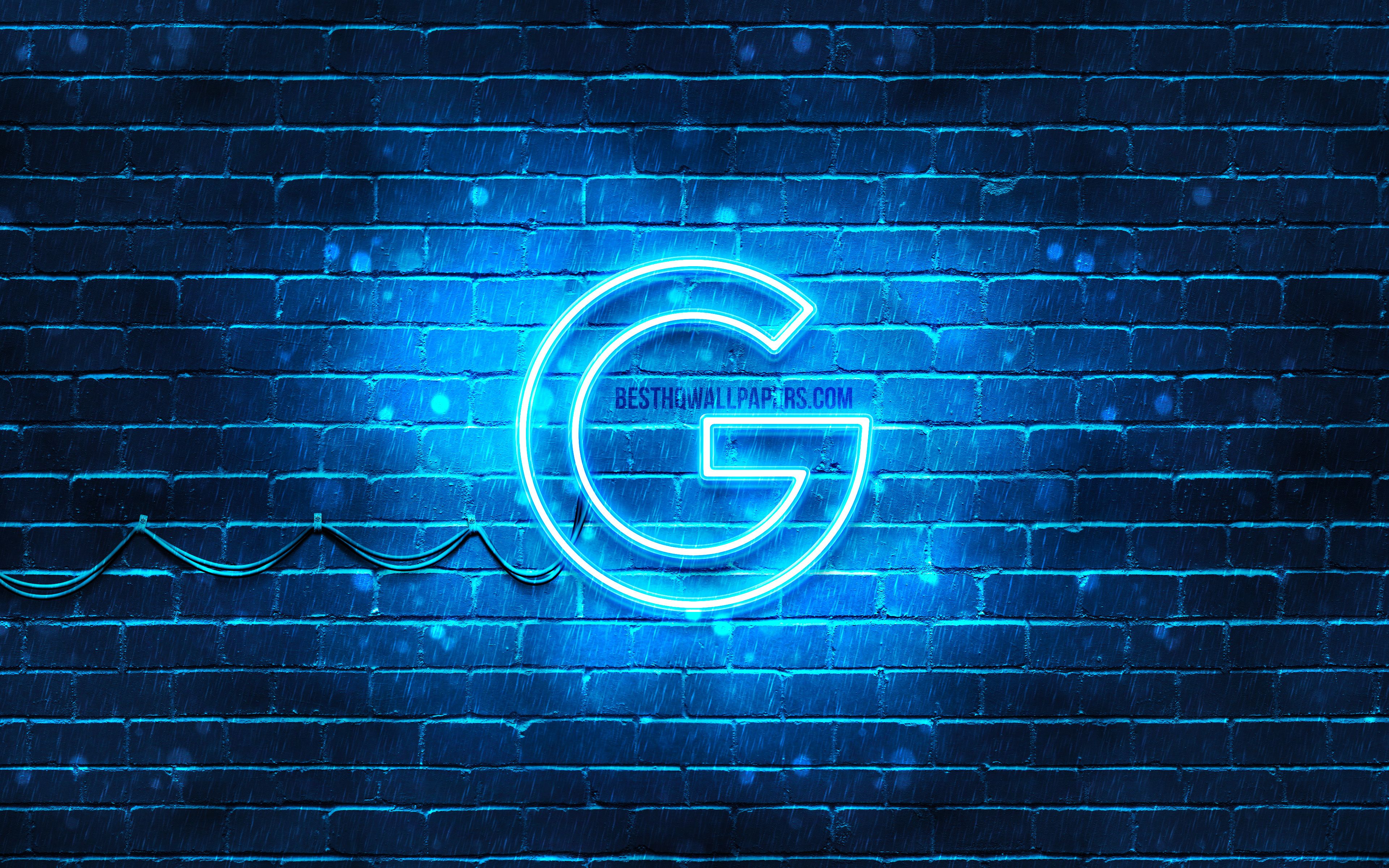 Google-Logo, Neonlicht, Ziegelwand, Blau, 16:10, 4K-Hintergrundbild für den Desktop