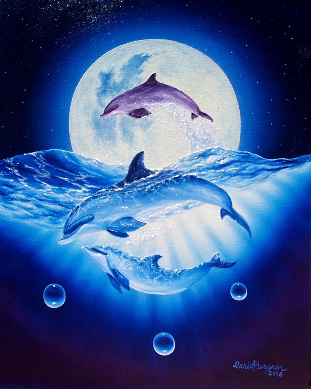 Delfine, Vollmond, Gemälde, Unterwasser, Fantasy, HD, iPad-Hintergrundbild