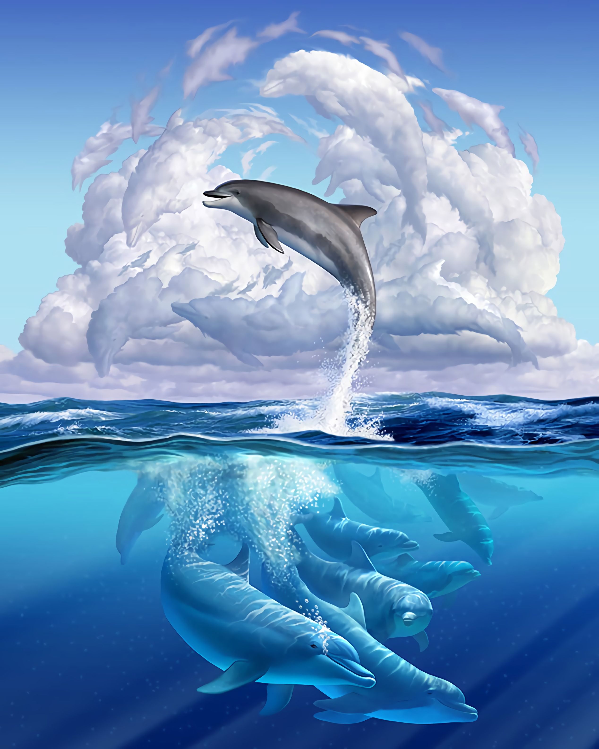Delfine, Wolken, Halb-unter-Wasser, Fantasy, Illustration, QHD+, iPad-Hintergrundbild