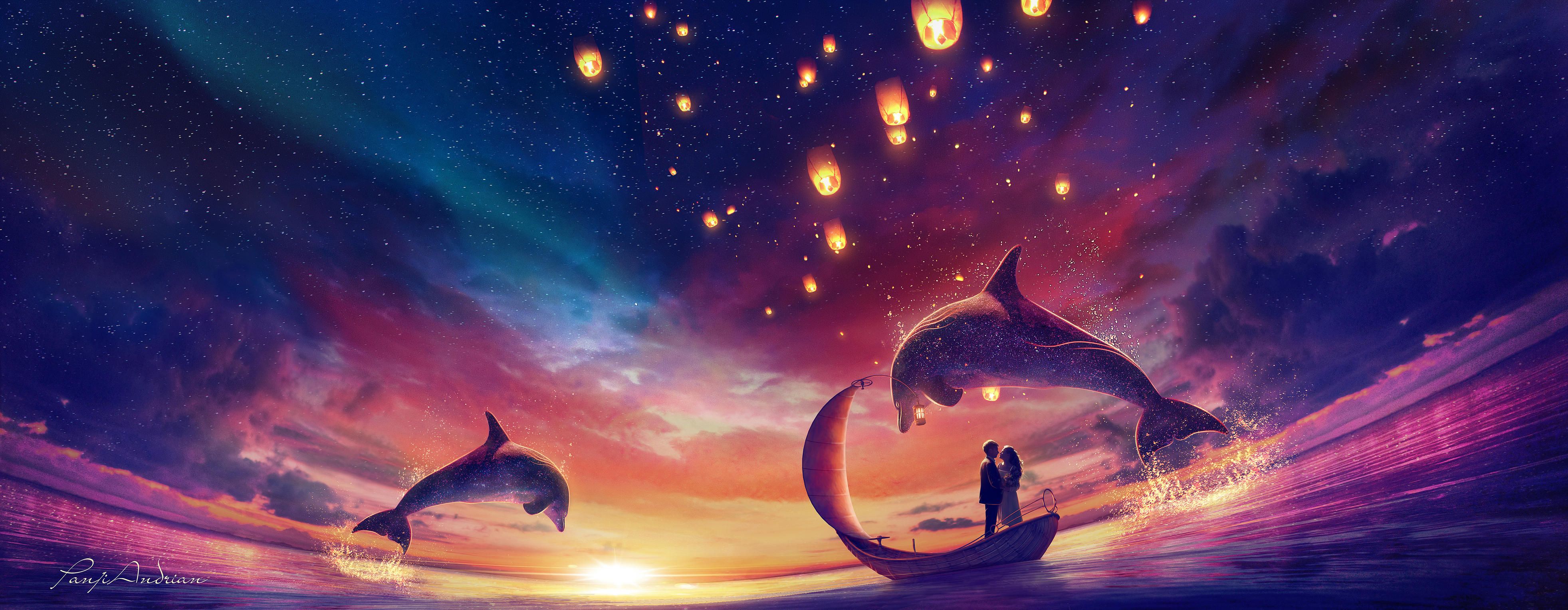 Delfine, Himmelslaternen, Paar, Boot, Fantasy, Sonnenuntergang, 4K, Laptop-Hintergrundbild