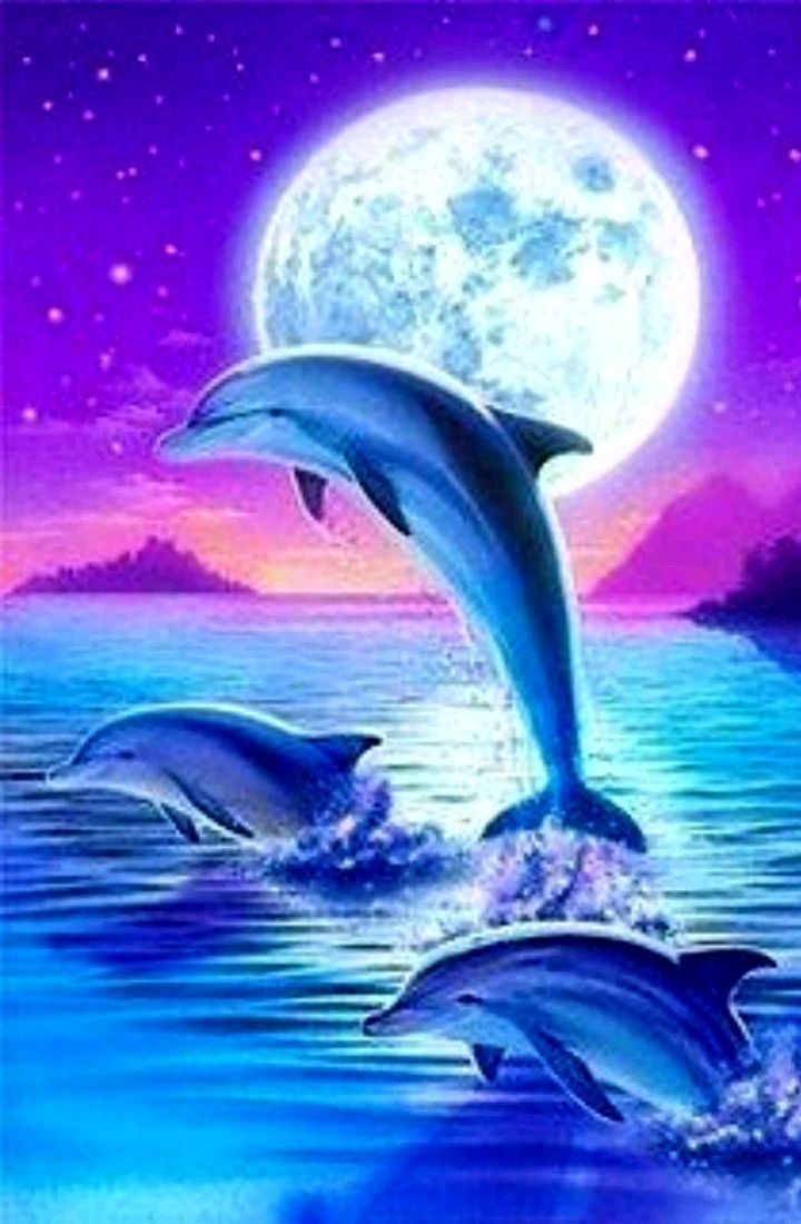 Delfine, Vollmond, Lila Himmel, Gemälde, Sprung, HD, Hintergrundbild fürs Handy