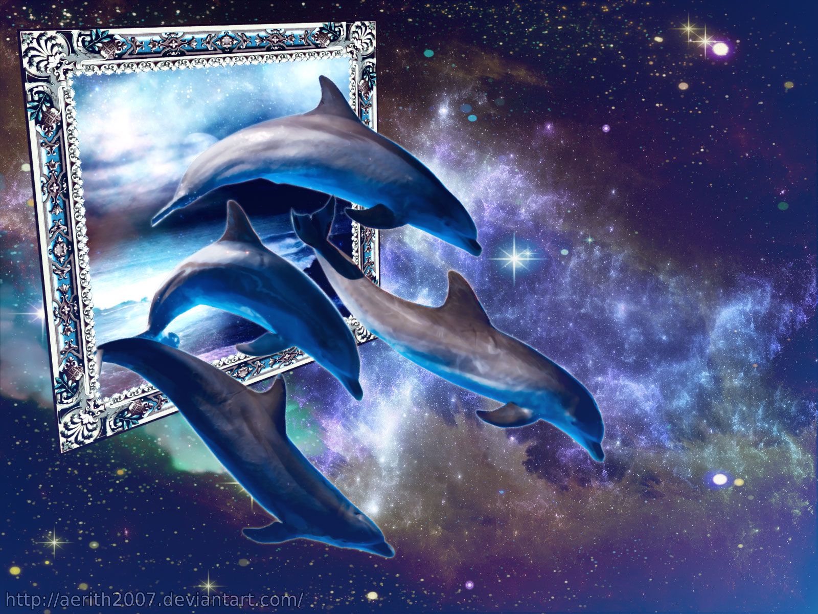 Delfine, Bilderrahmen, Weltall, Surreal, Digitale Kunst, HD, Tablet-Hintergrund