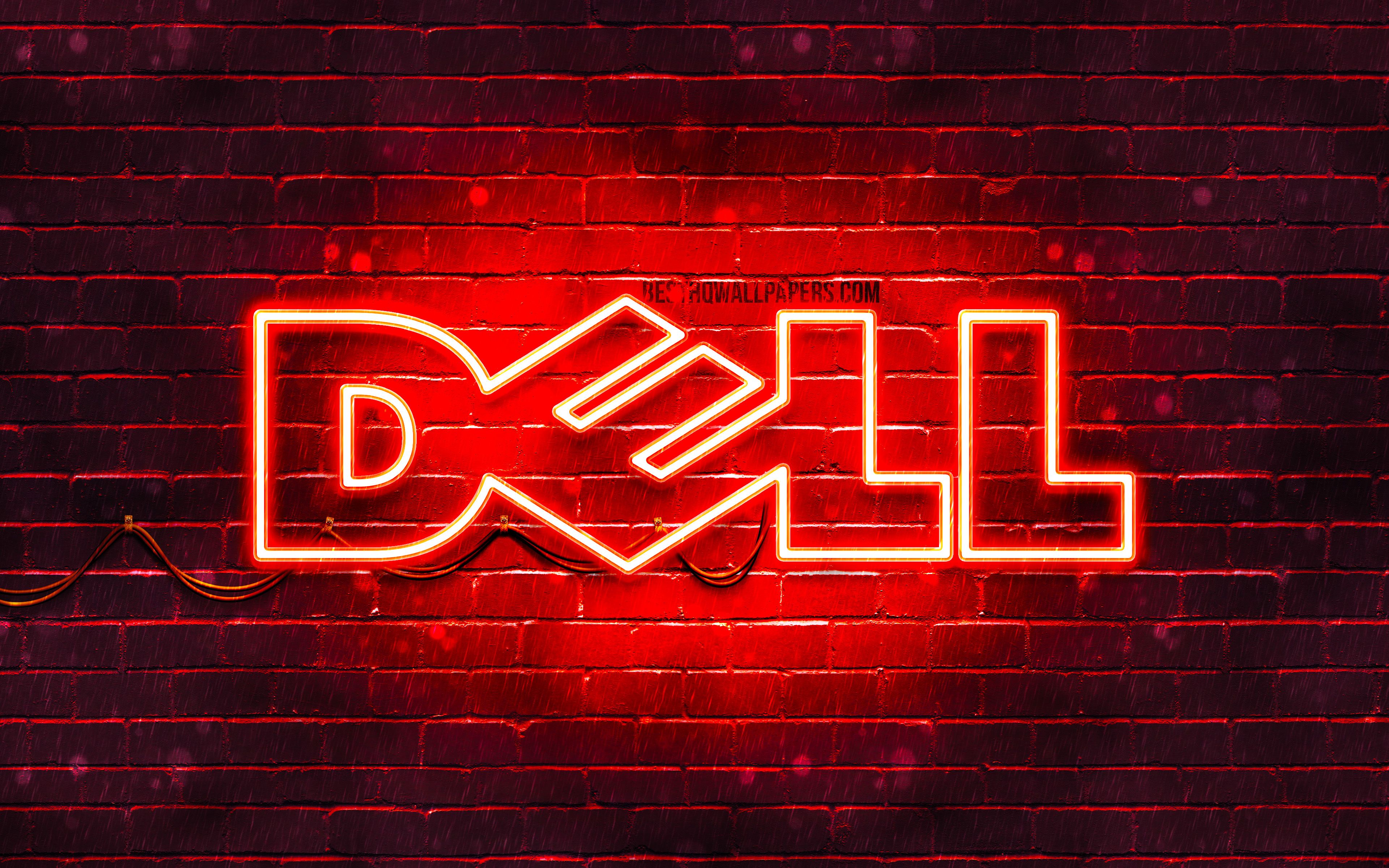 Dell-Logo, Dell, Neonschild, Rot, Ziegelwand, 16:10, 4K-Hintergrundbild für den Desktop
