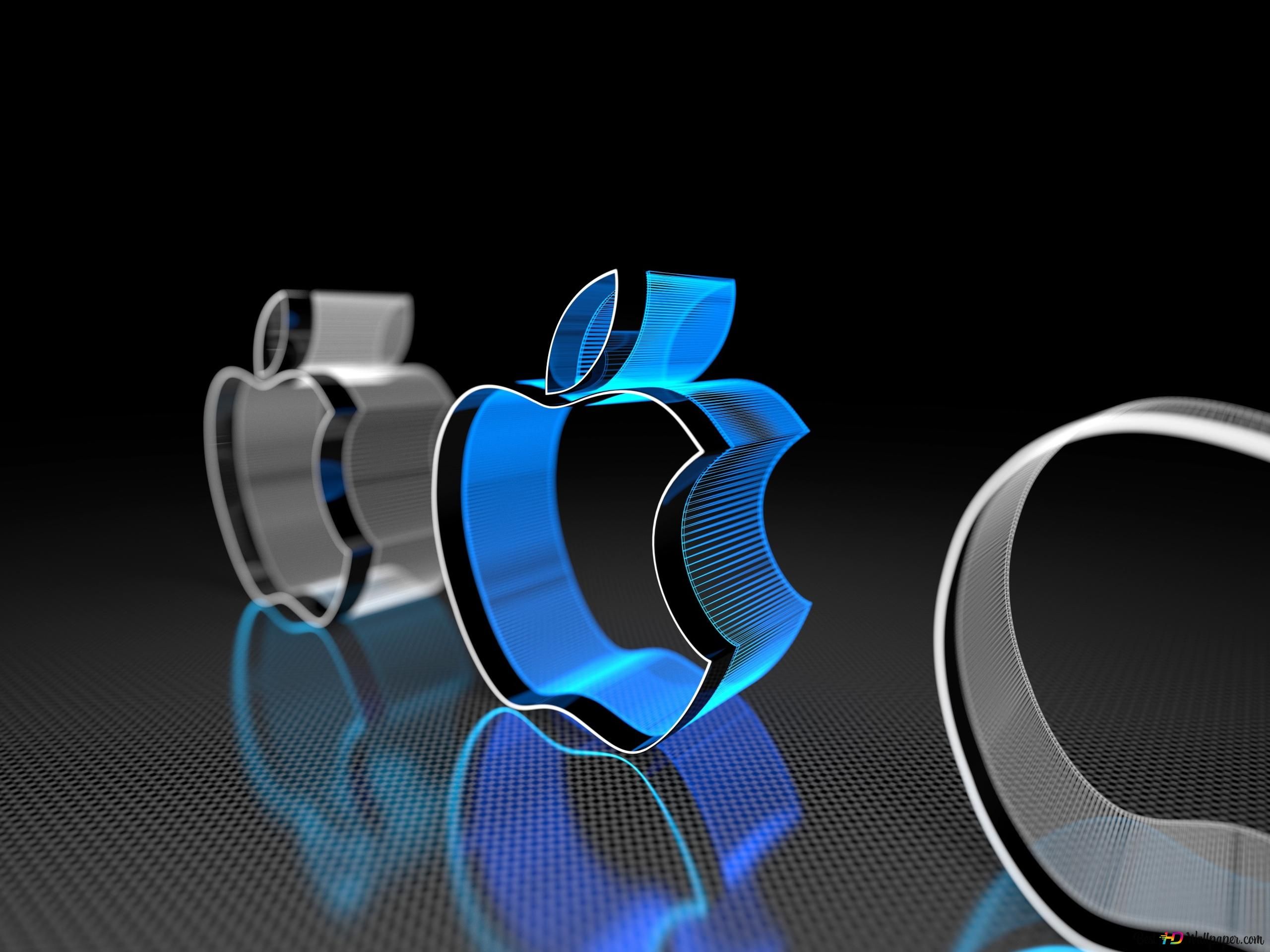 Apple-Logo, Apple, 3D-Logo, Glas, Schwarzer Hintergrund, 2K Wallpaper