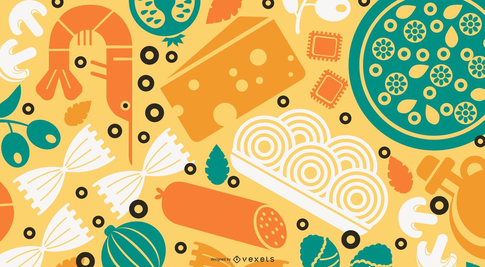 Essen-Muster, Pasta, Pizza, Käse, Vektorgrafik, Orange, HD, Desktop-Hintergrund für Windows