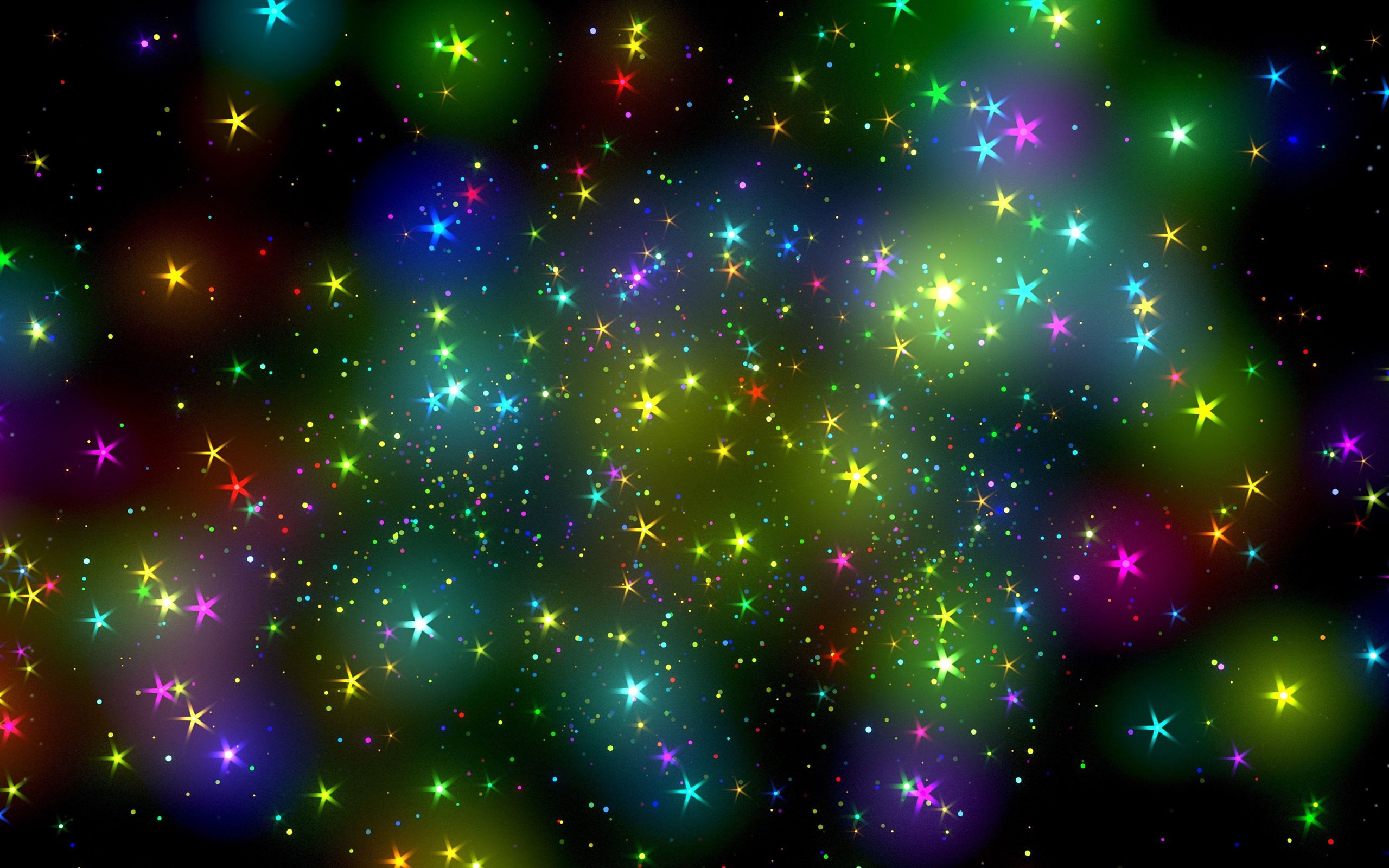 Sterne, Bunte Lichter, Schwarzer Hintergrund, Glitzer, 2K Wallpaper