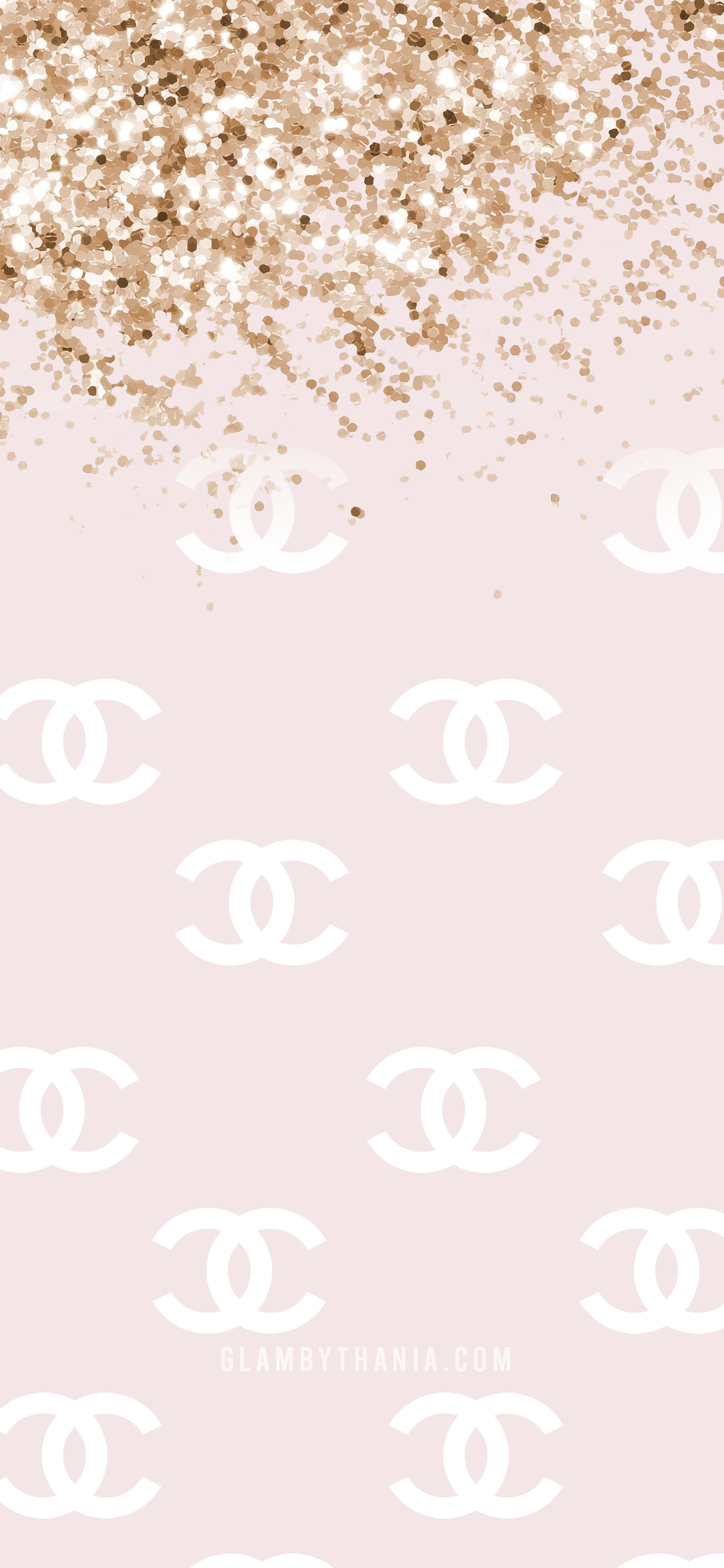 Chanel, Chanel-Logo, Goldglitzer, Rosa, Muster, Full HD, Handy-Hintergrund im Hochformat
