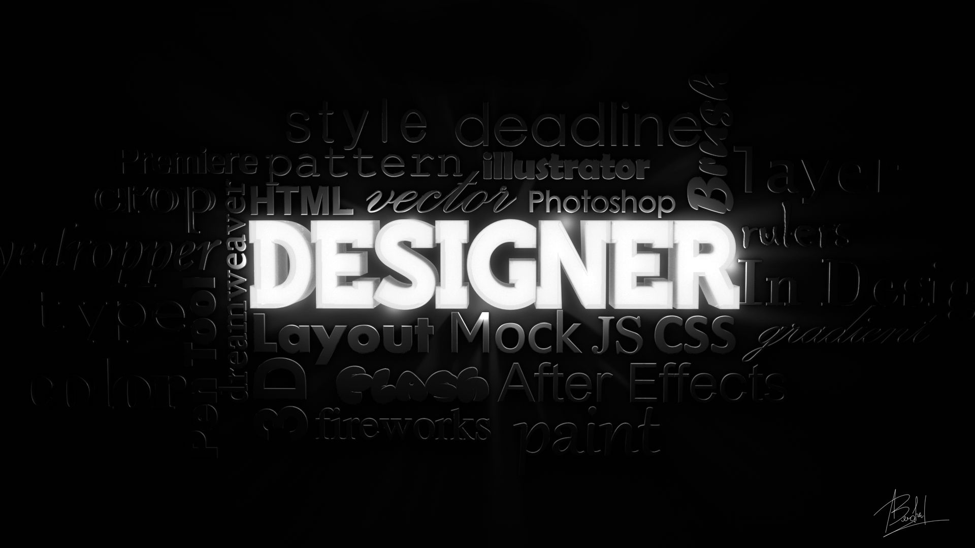 Designer, Typografie, Wortwolke, Photoshop, Schwarzer Hintergrund, Full HD Wallpaper