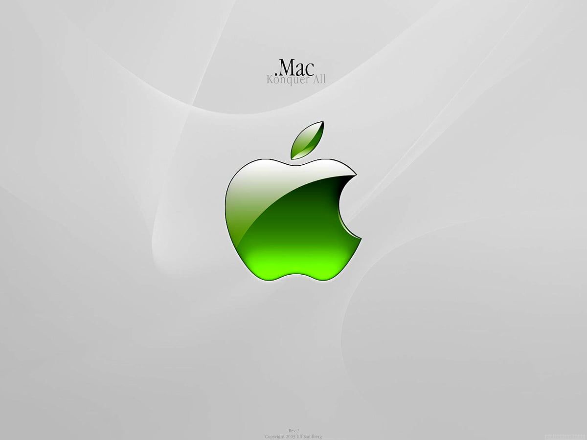 Apple-Logo, Mac, Grünes Apfel-Logo, Grauer Hintergrund, Wallpaper