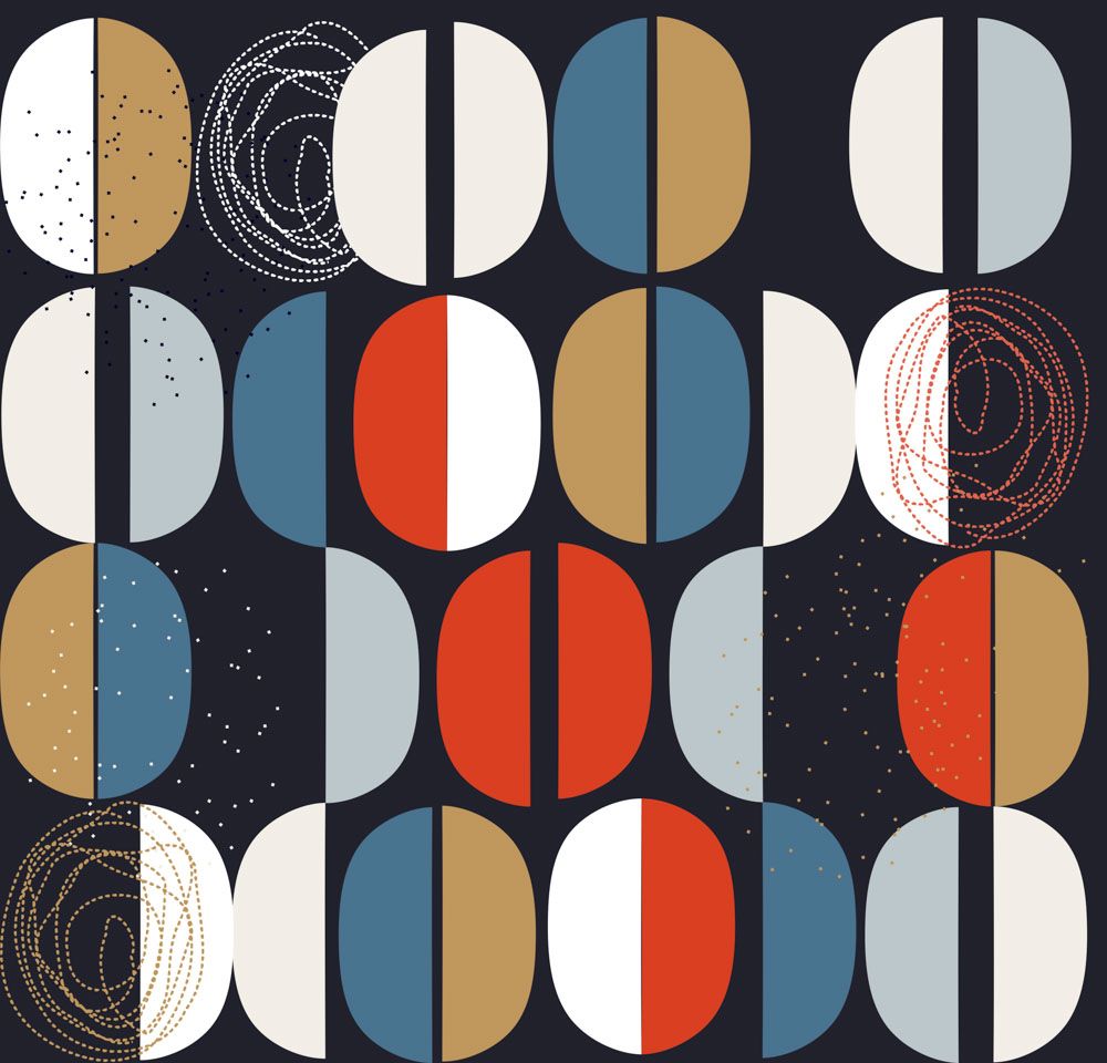 Mid-Century-Muster, Halbkreise, Geometrisch, Rot-blau, Retro, Hintergrundbild fürs Tablet