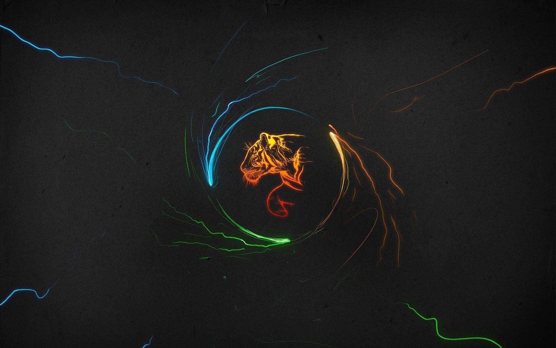 Tigerkopf, Lichtspuren, Neonlinien, Schwarzer Hintergrund, Full HD Wallpaper