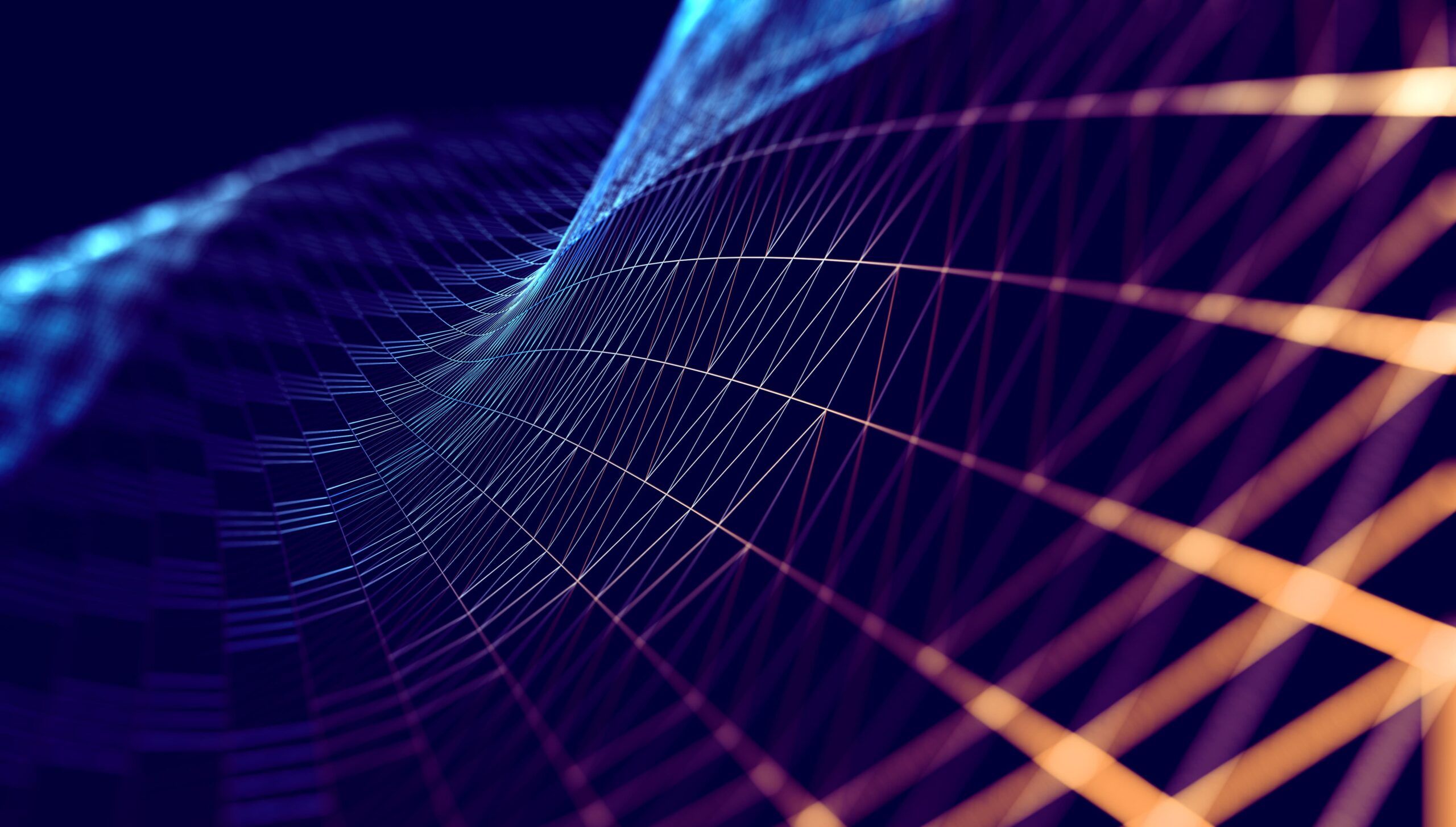 Digitales Netz, Wellenlinien, Dunkelblau, Orange Linien, Technologie, 2K-Hintergrundbild für PC