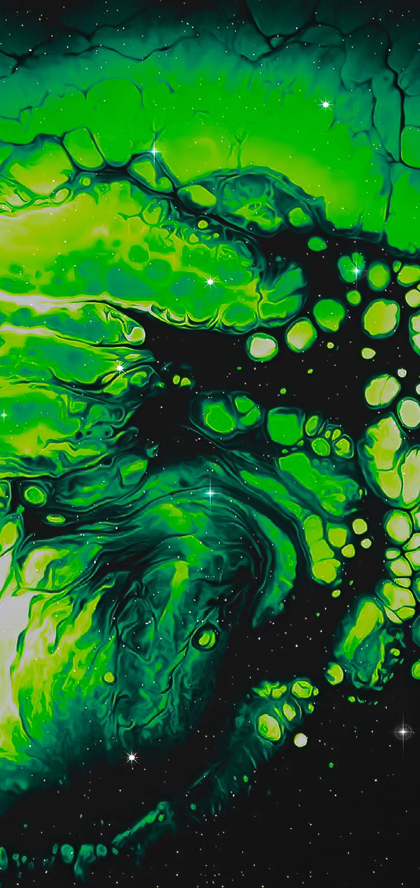 Fluid Art, Neongrün, Schwarz, Zellen, Flüssige Farbe, Full HD, Sperrbildschirm fürs iPhone