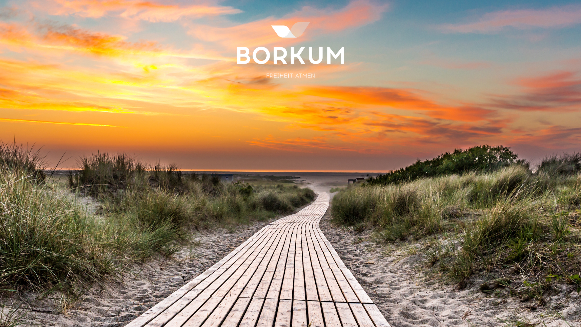 Borkum, Nordsee, Dünen, Holzweg, Strand, Sonnenuntergang, 1920x1080, PC-Hintergrundbild