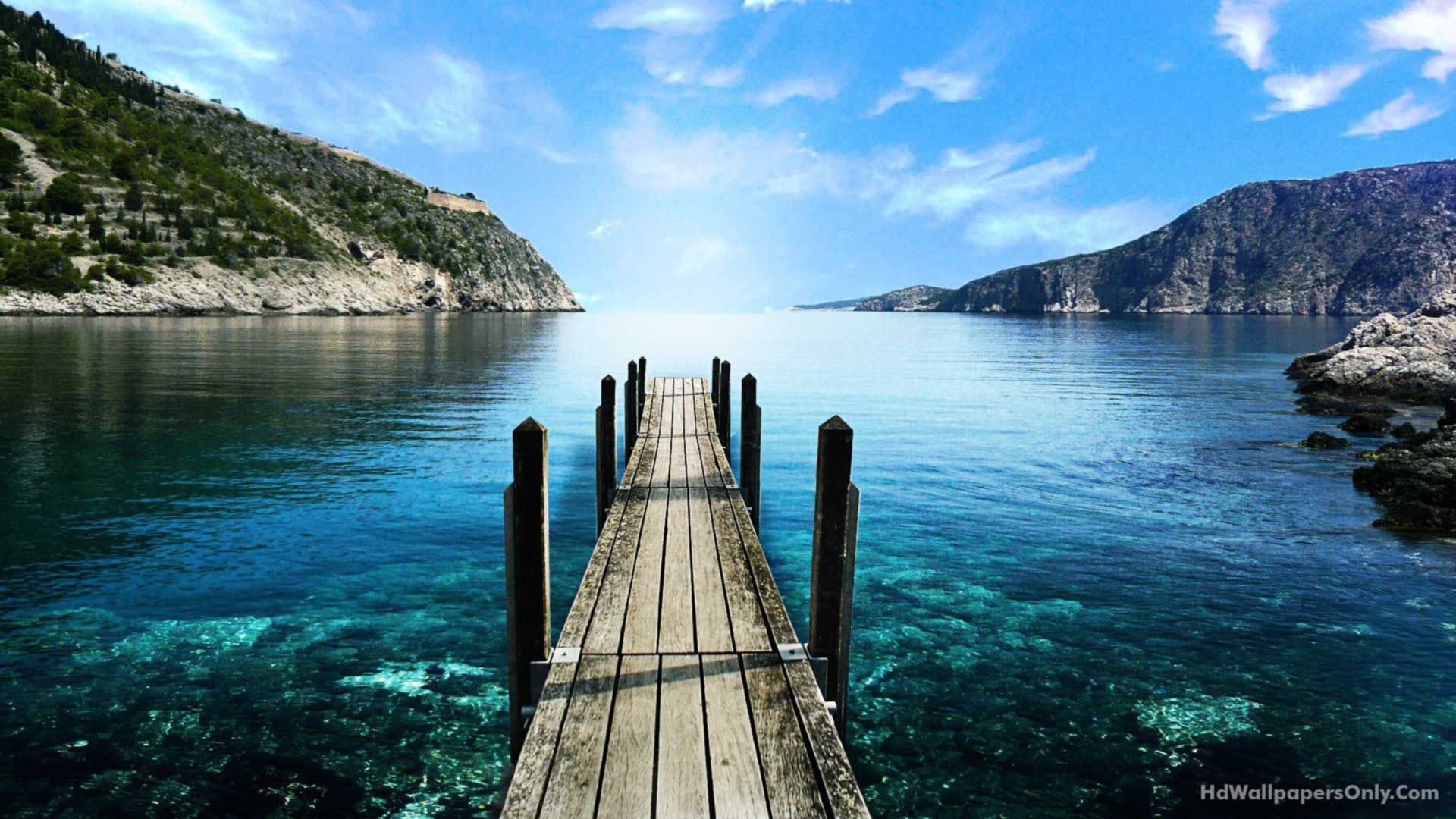 Holzsteg, Meer, Bucht, Türkises Wasser, Felsküste, Sonnenschein, Full HD, PC-Hintergrundbild