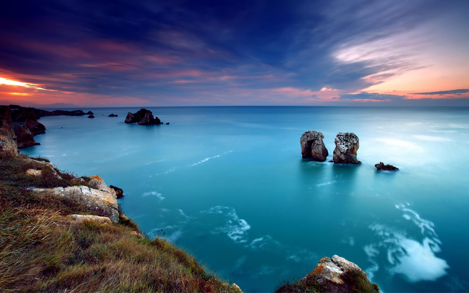 Meer, Felsenküste, Felsen im Meer, Sonnenuntergang, Türkises Wasser, Full HD, Laptop-Hintergrundbild